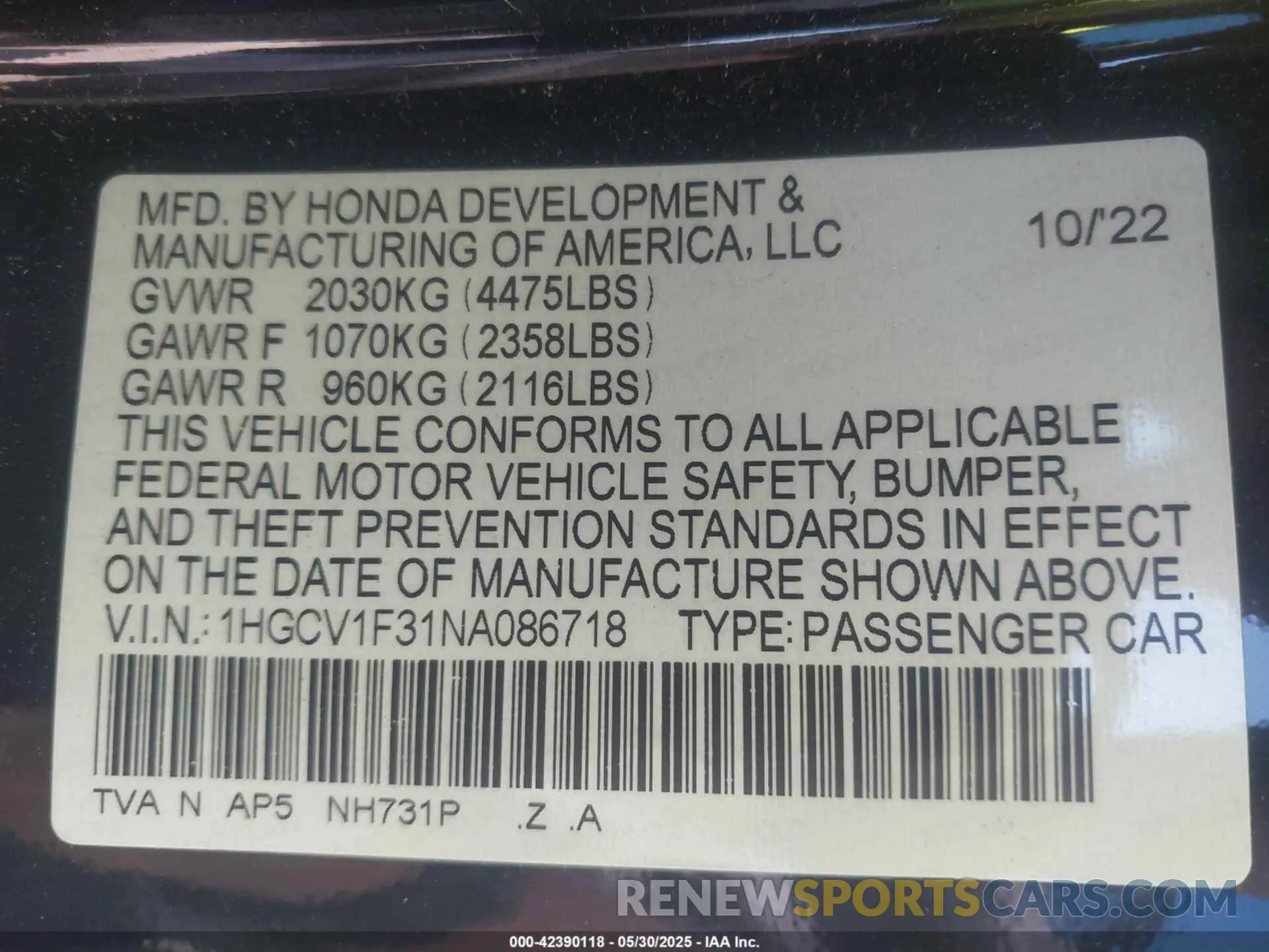 9 Photograph of a damaged car 1HGCV1F31NA086718 HONDA ACCORD 2022