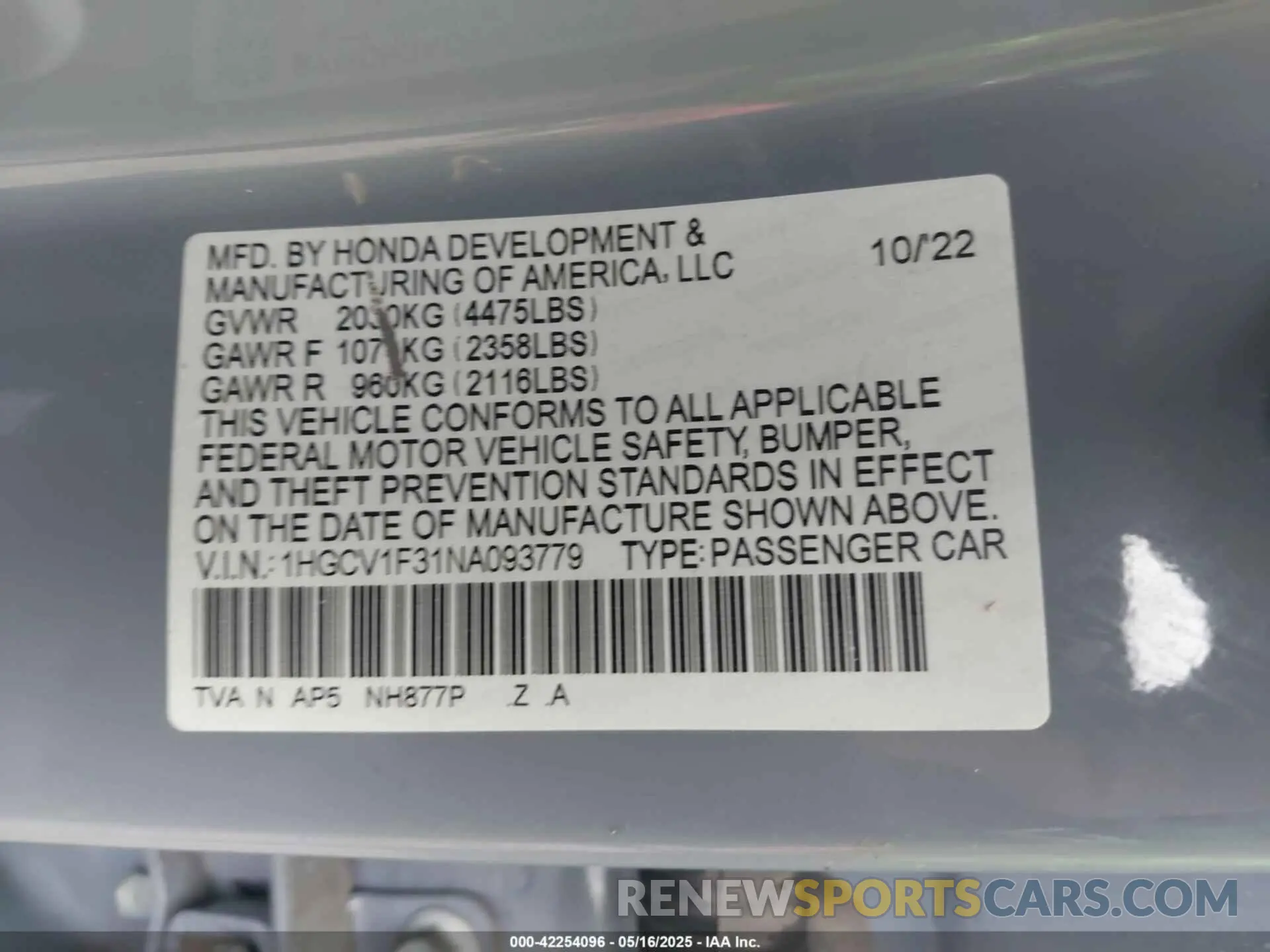 9 Photograph of a damaged car 1HGCV1F31NA093779 HONDA ACCORD 2022