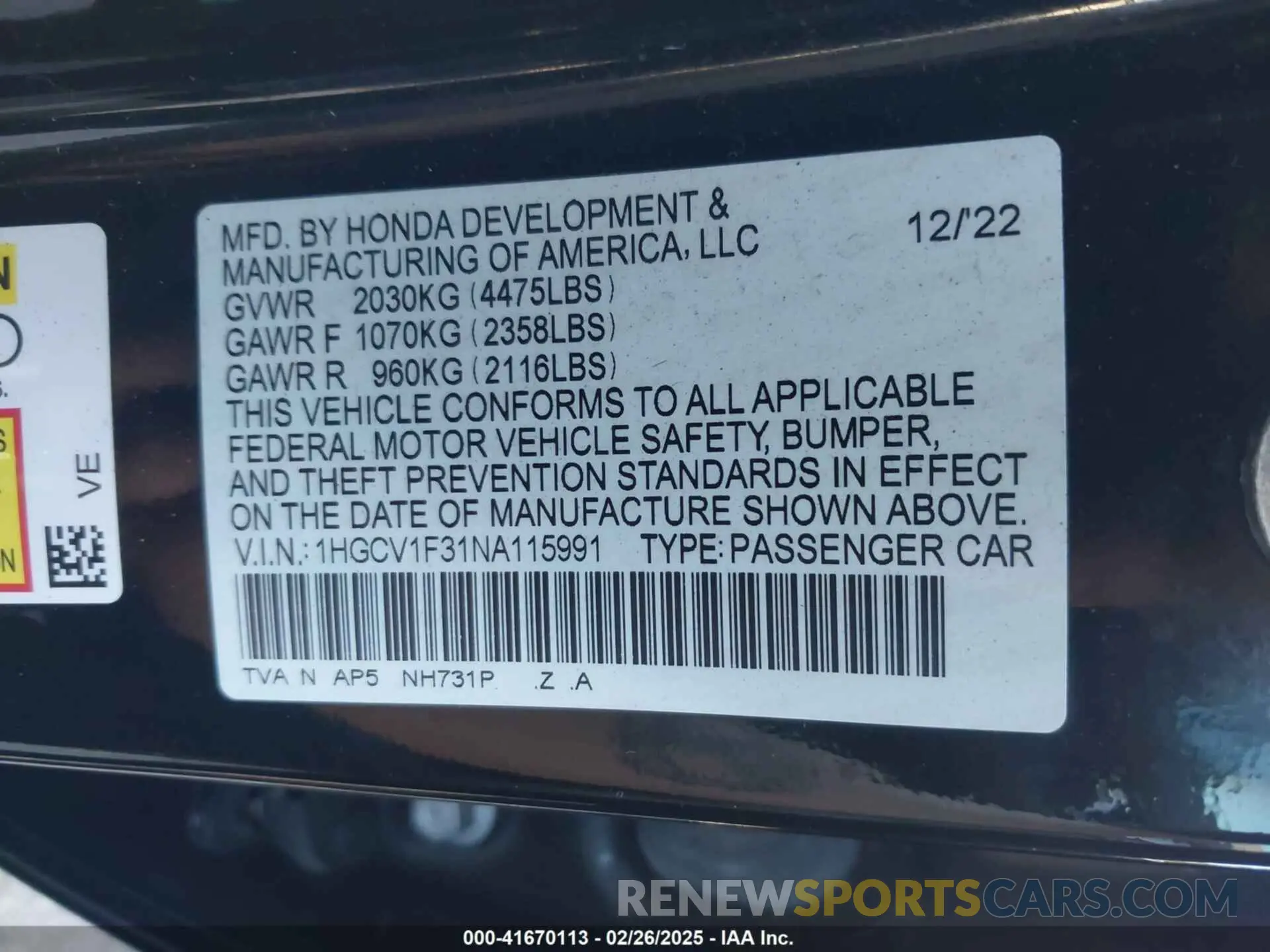 9 Photograph of a damaged car 1HGCV1F31NA115991 HONDA ACCORD 2022