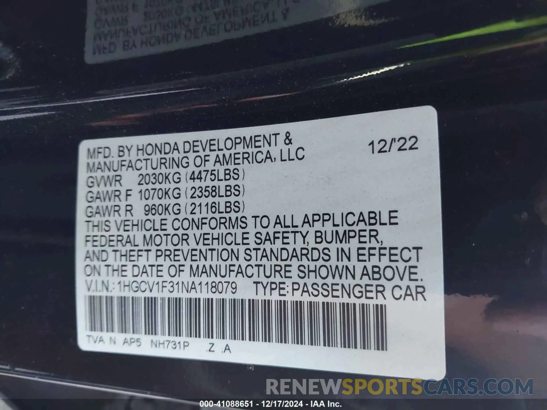 9 Photograph of a damaged car 1HGCV1F31NA118079 HONDA ACCORD 2022