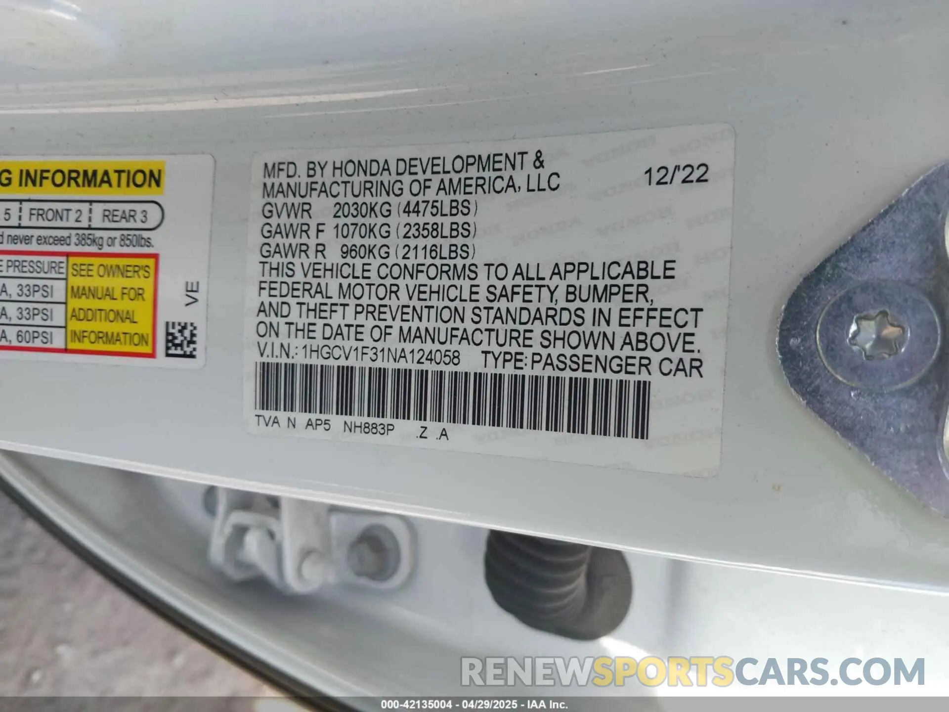 9 Photograph of a damaged car 1HGCV1F31NA124058 HONDA ACCORD 2022