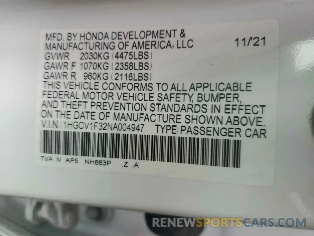 15 Photograph of a damaged car 1HGCV1F32NA004947 HONDA ACCORD 2022