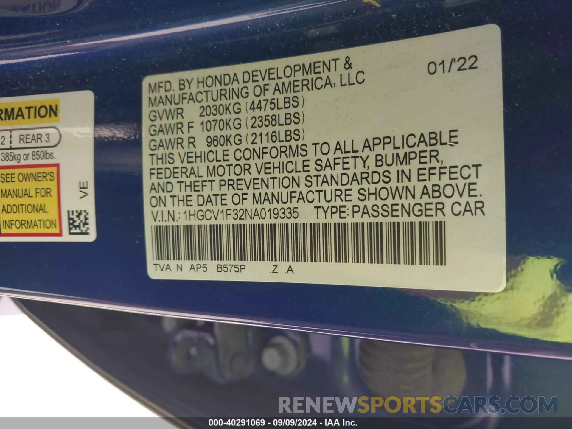 9 Photograph of a damaged car 1HGCV1F32NA019335 HONDA ACCORD 2022