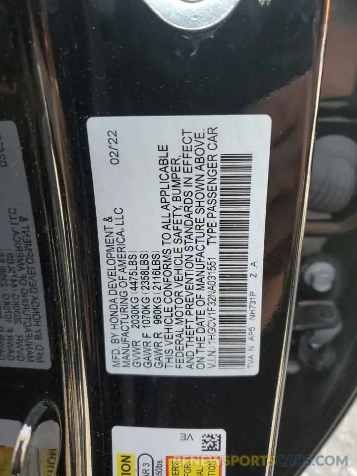 13 Photograph of a damaged car 1HGCV1F32NA031551 HONDA ACCORD 2022