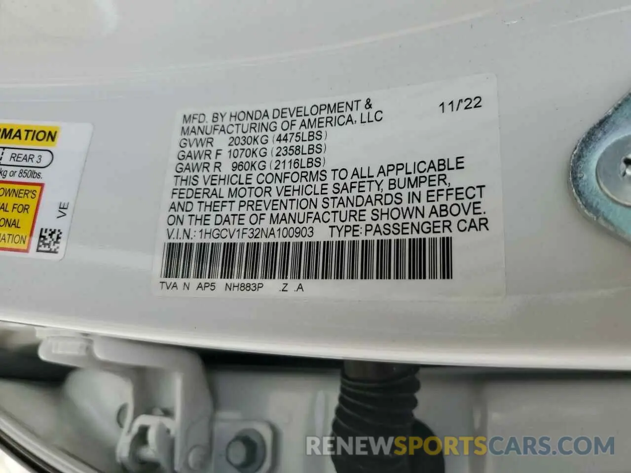 14 Photograph of a damaged car 1HGCV1F32NA100903 HONDA ACCORD 2022