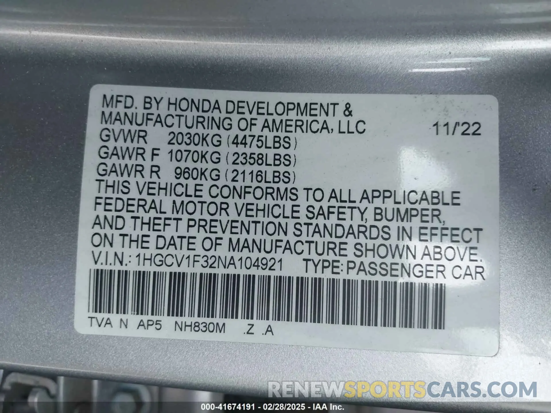 9 Photograph of a damaged car 1HGCV1F32NA104921 HONDA ACCORD 2022