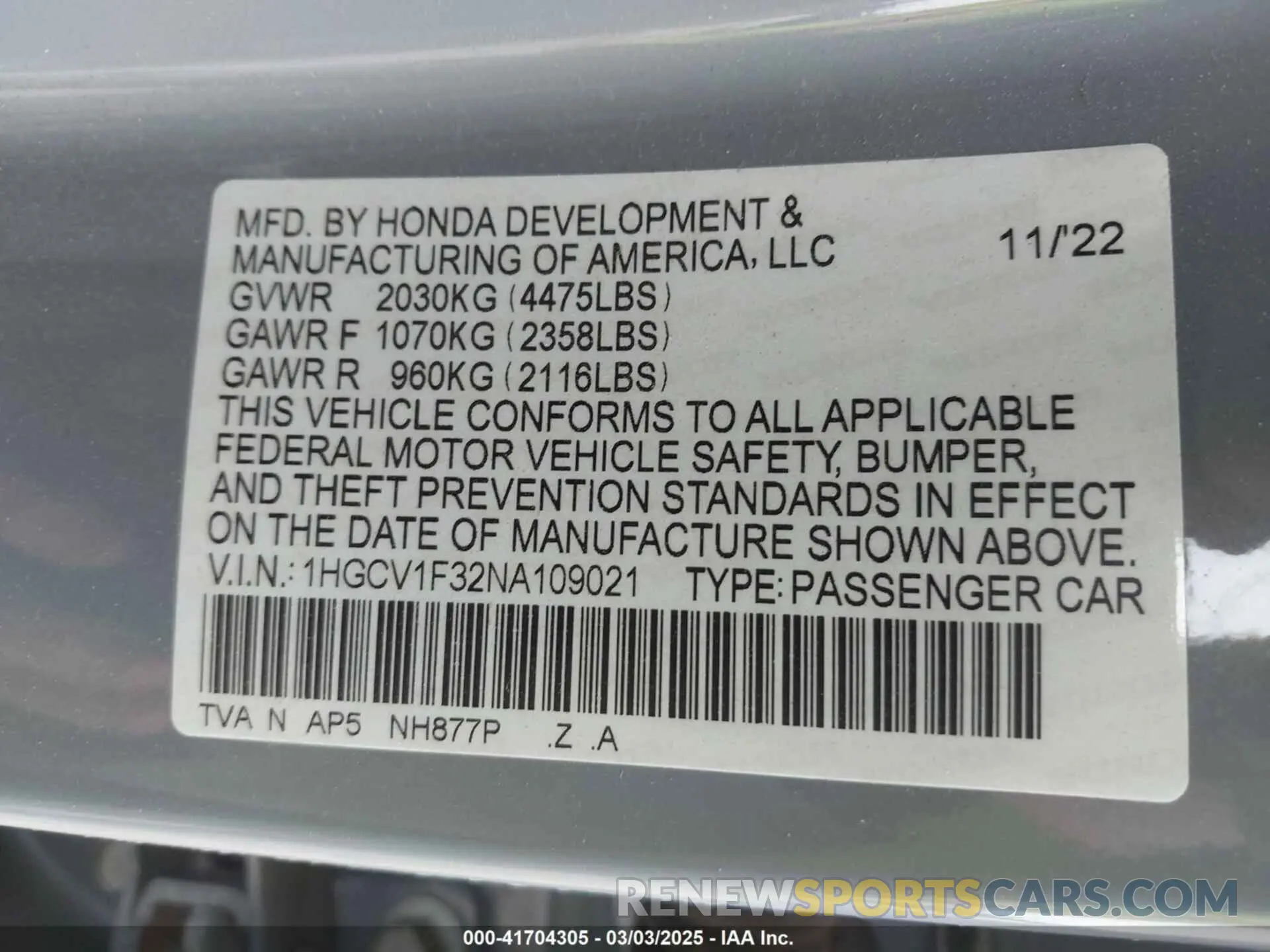 9 Photograph of a damaged car 1HGCV1F32NA109021 HONDA ACCORD 2022