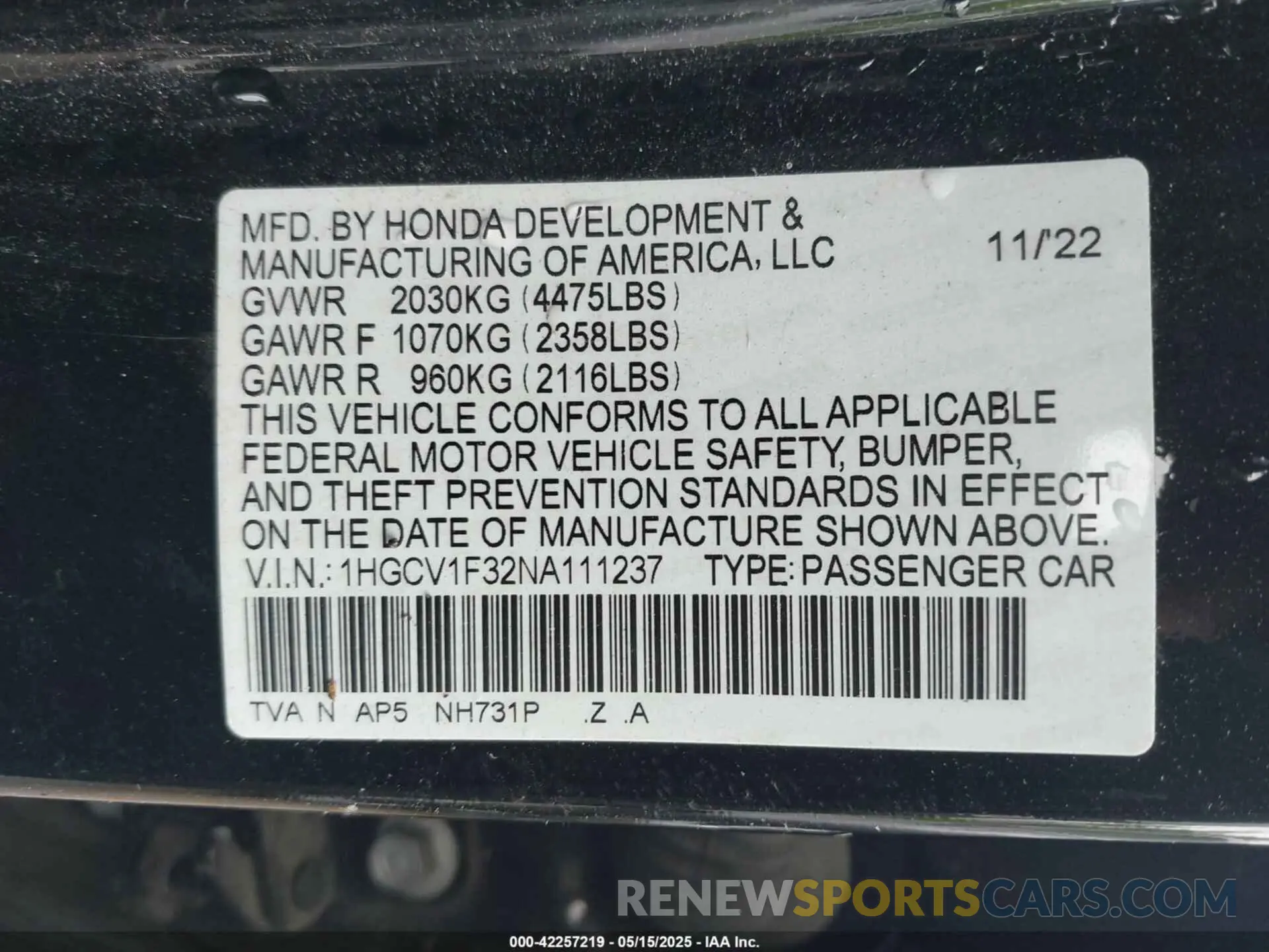 9 Photograph of a damaged car 1HGCV1F32NA111237 HONDA ACCORD 2022