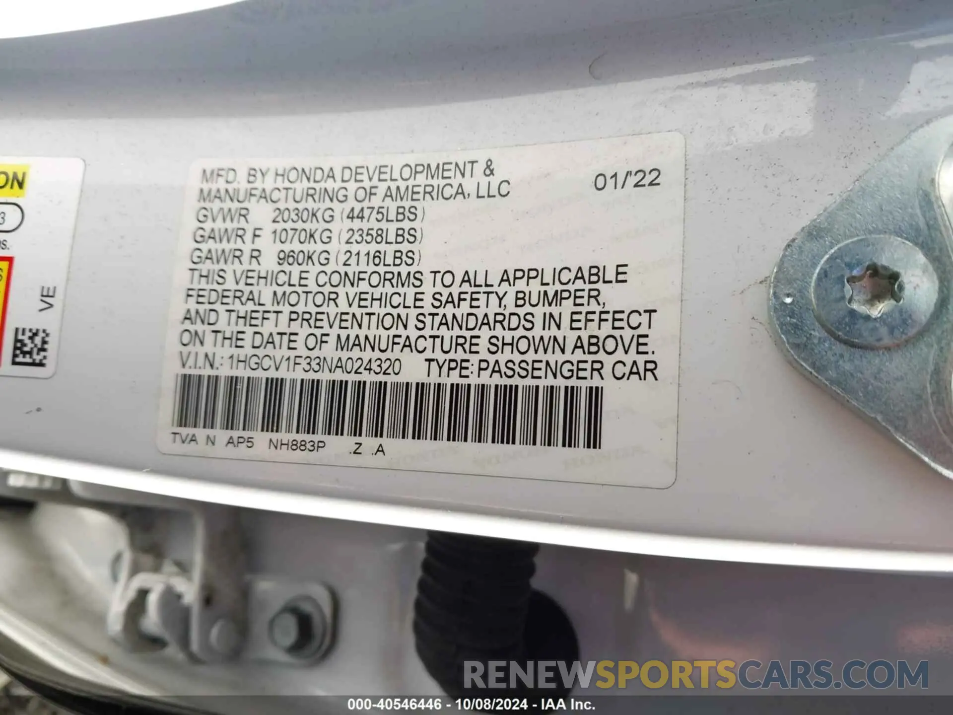 9 Photograph of a damaged car 1HGCV1F33NA024320 HONDA ACCORD 2022