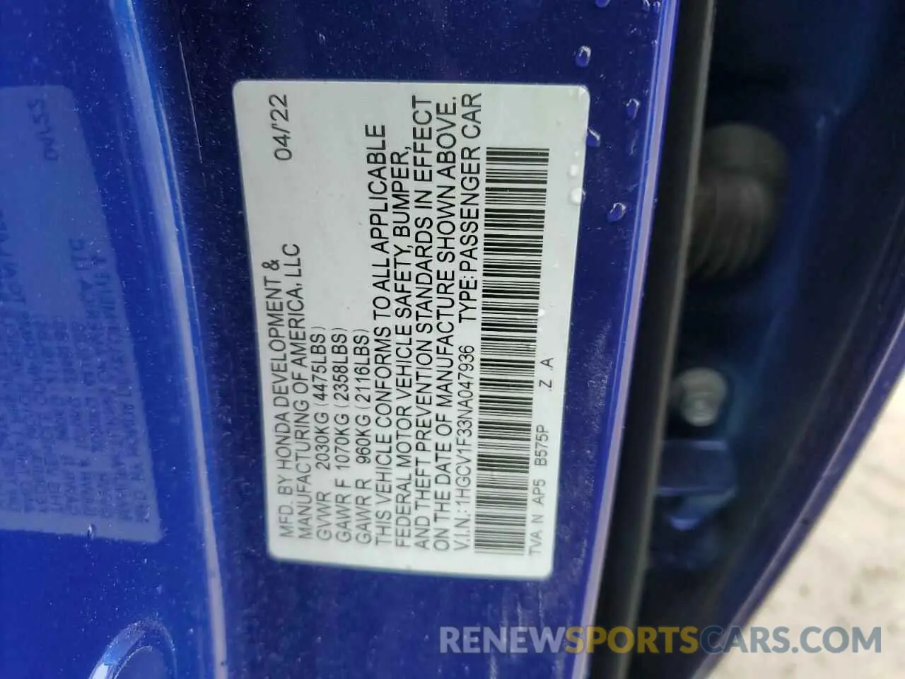 14 Photograph of a damaged car 1HGCV1F33NA047936 HONDA ACCORD 2022