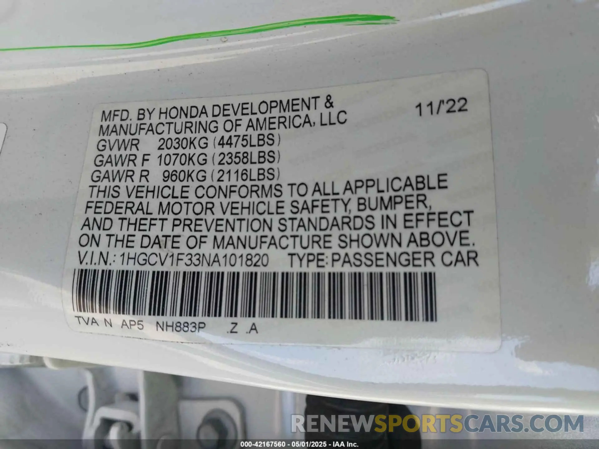 9 Photograph of a damaged car 1HGCV1F33NA101820 HONDA ACCORD 2022