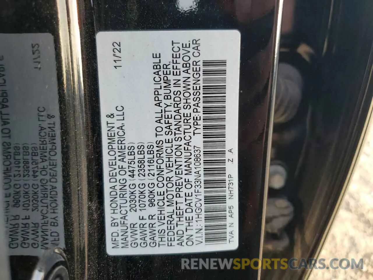 14 Photograph of a damaged car 1HGCV1F33NA108637 HONDA ACCORD 2022