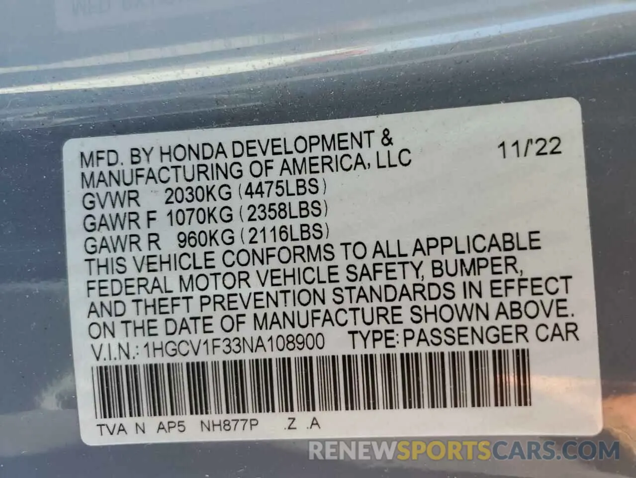 12 Photograph of a damaged car 1HGCV1F33NA108900 HONDA ACCORD 2022