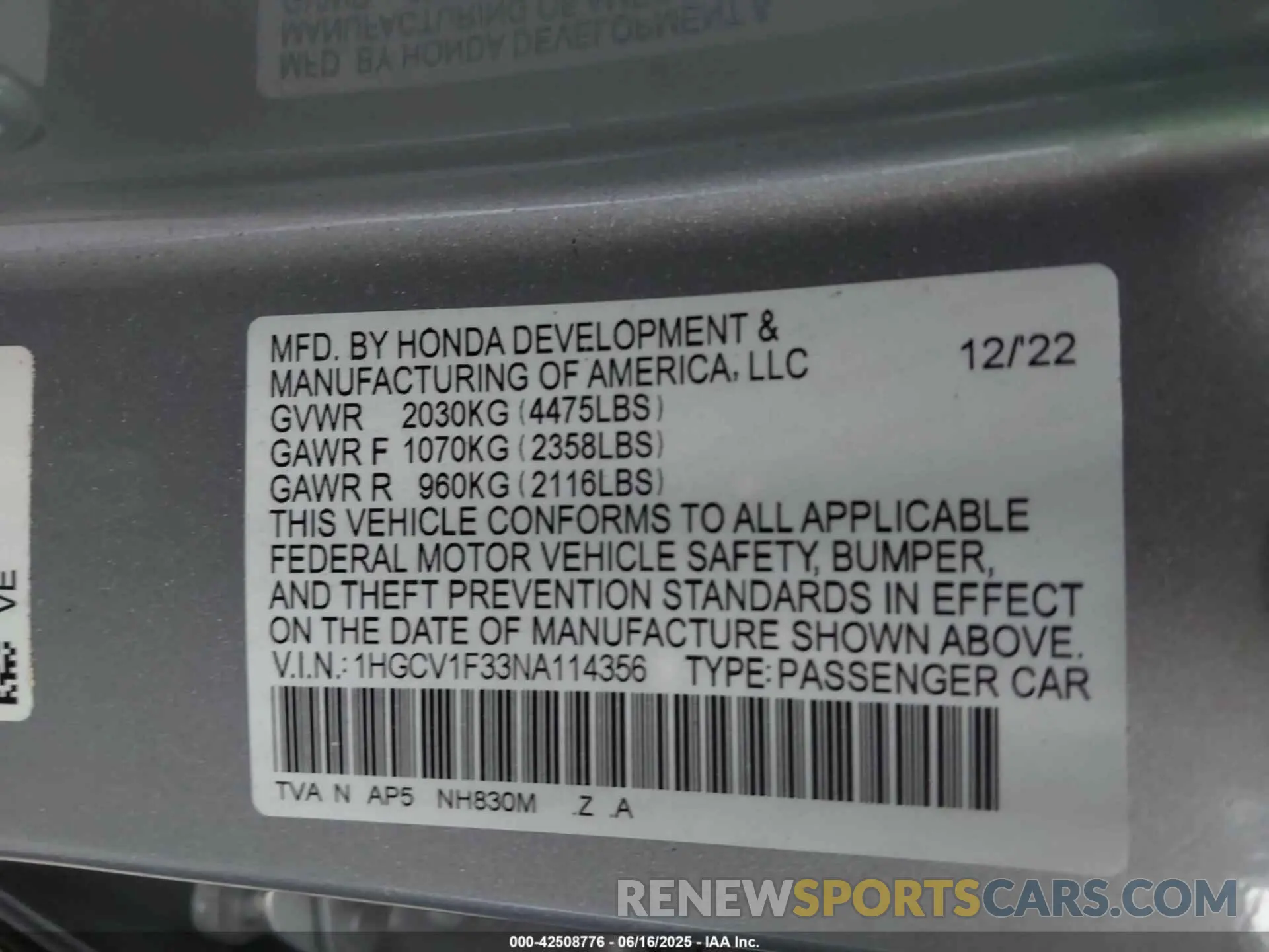9 Photograph of a damaged car 1HGCV1F33NA114356 HONDA ACCORD 2022