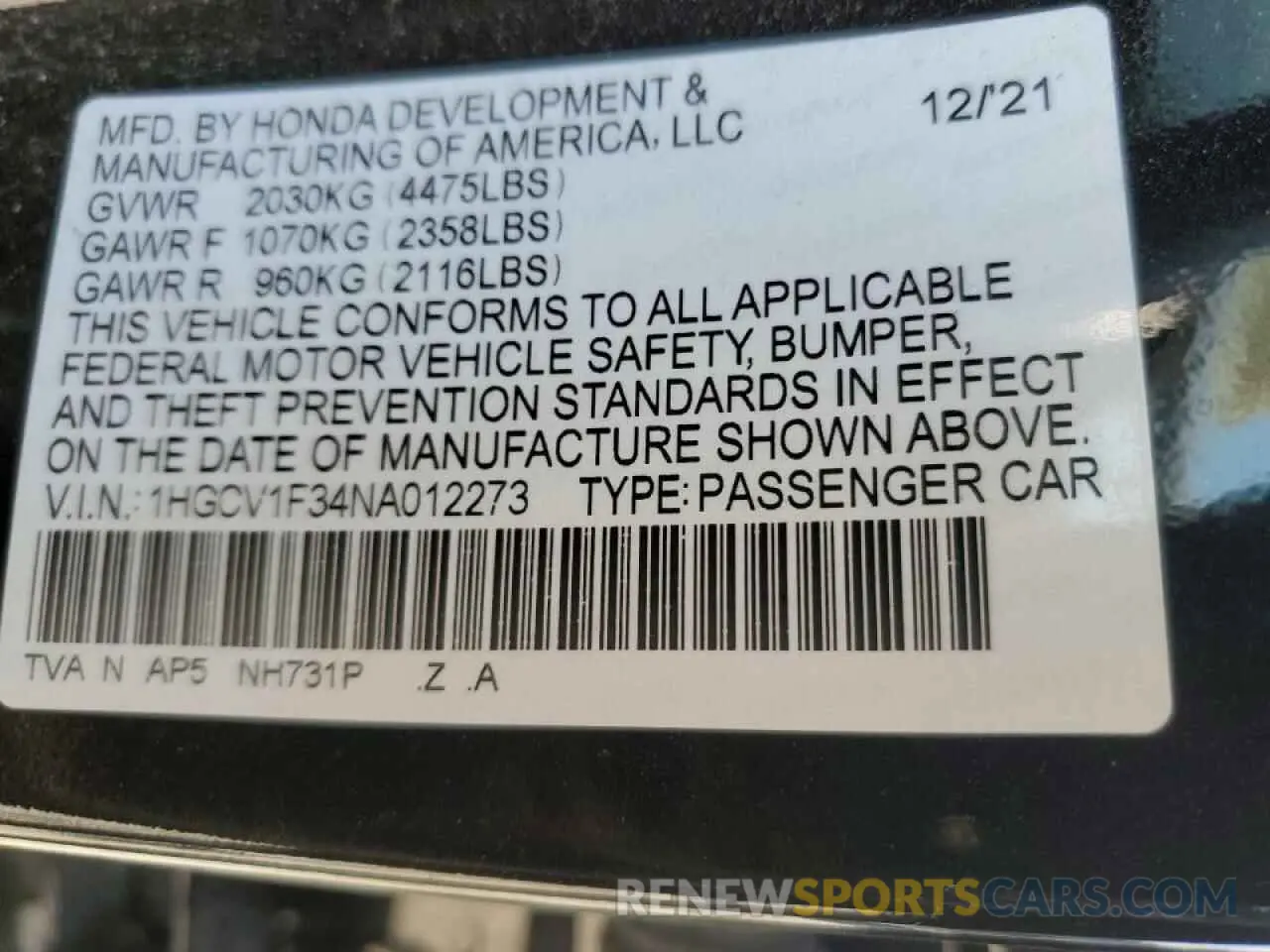 14 Photograph of a damaged car 1HGCV1F34NA012273 HONDA ACCORD 2022