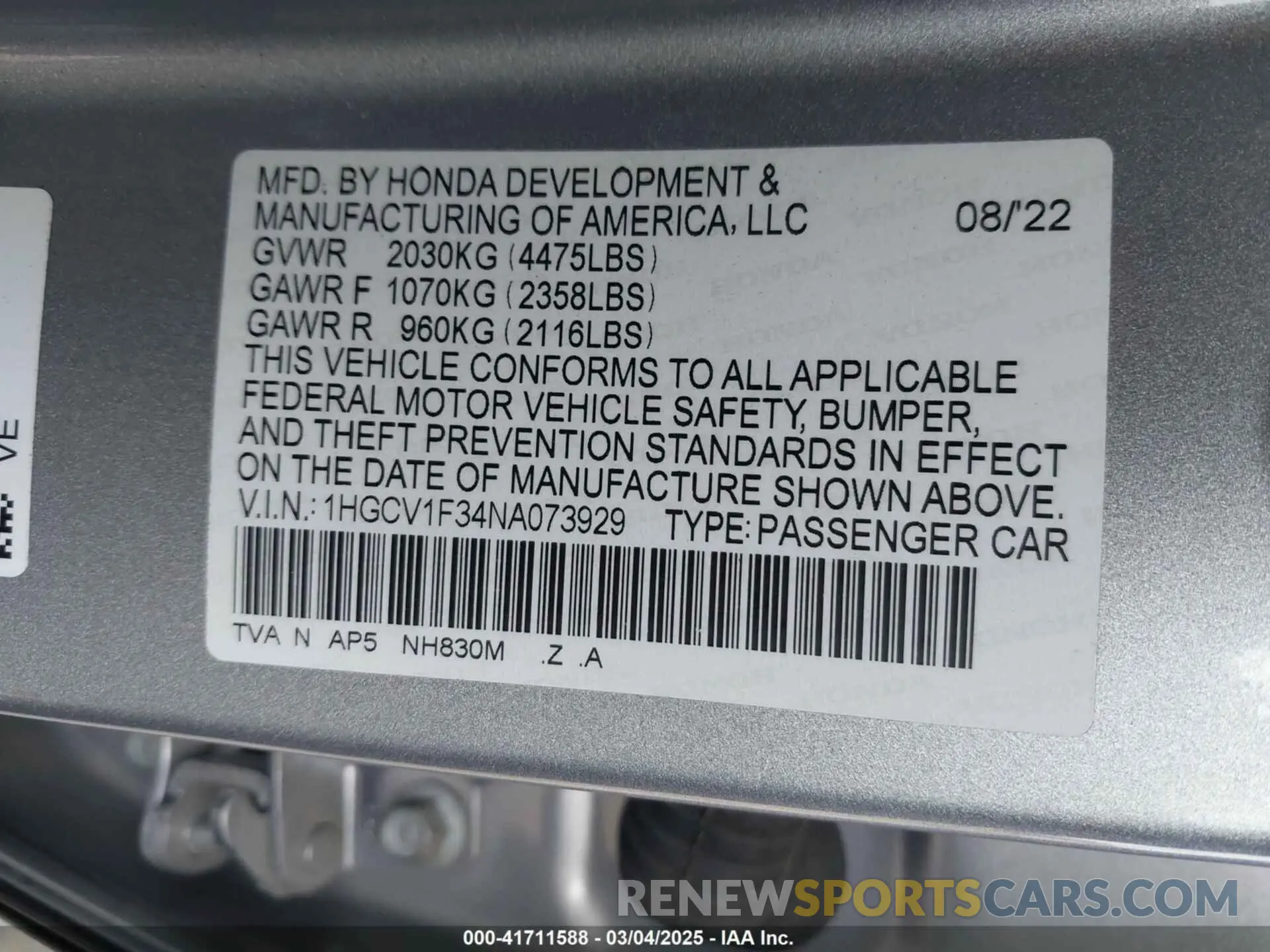9 Photograph of a damaged car 1HGCV1F34NA073929 HONDA ACCORD 2022