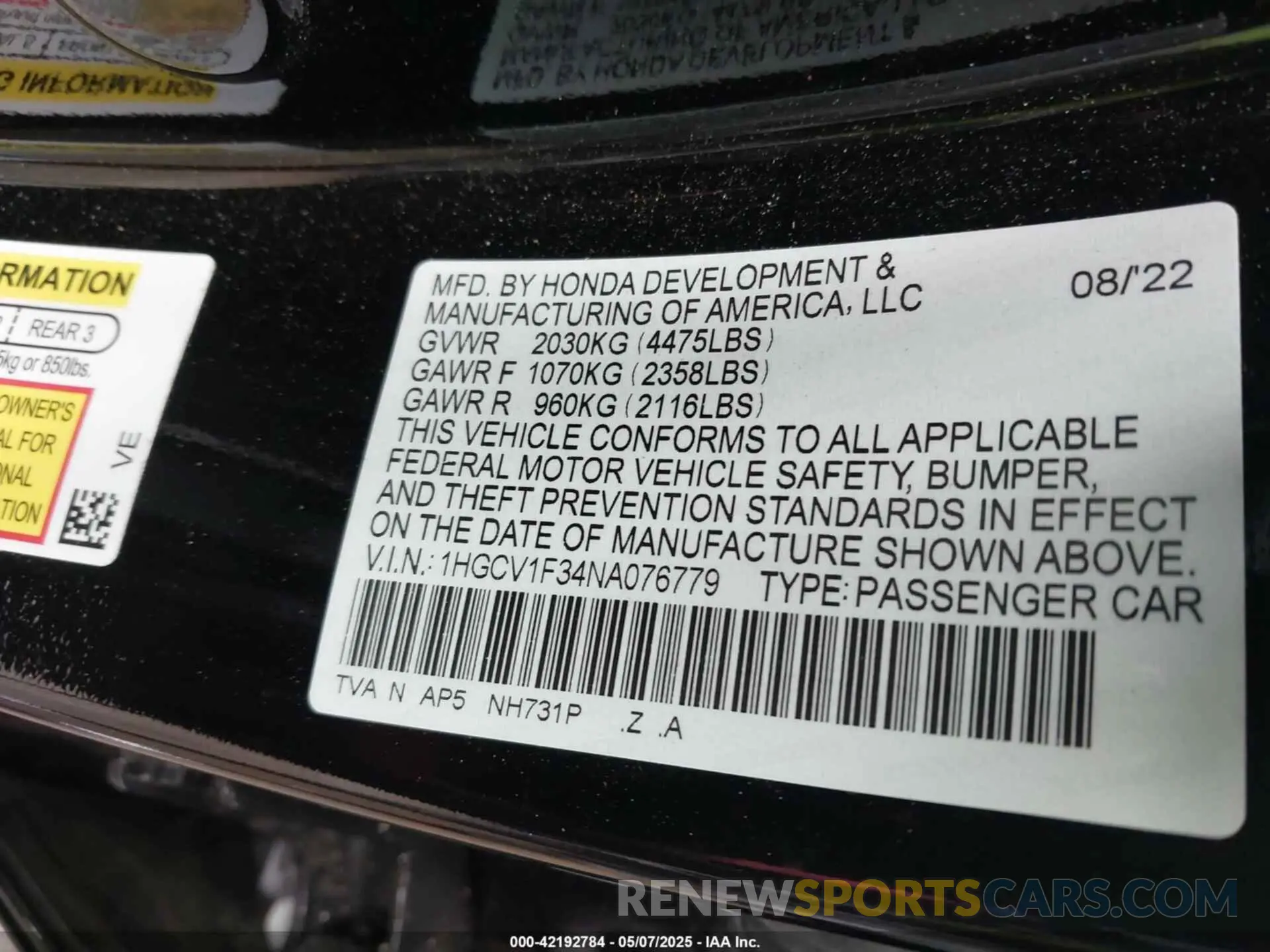 9 Photograph of a damaged car 1HGCV1F34NA076779 HONDA ACCORD 2022