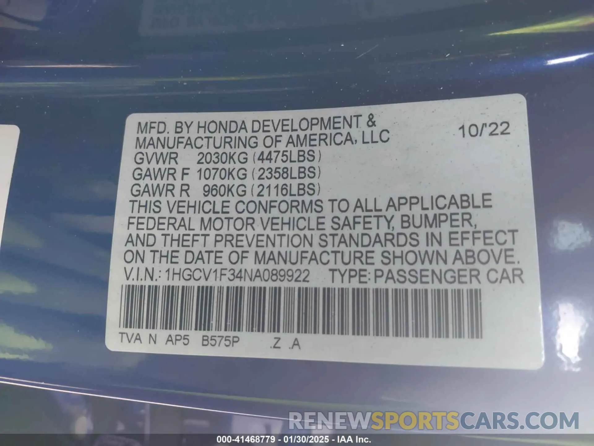 9 Photograph of a damaged car 1HGCV1F34NA089922 HONDA ACCORD 2022