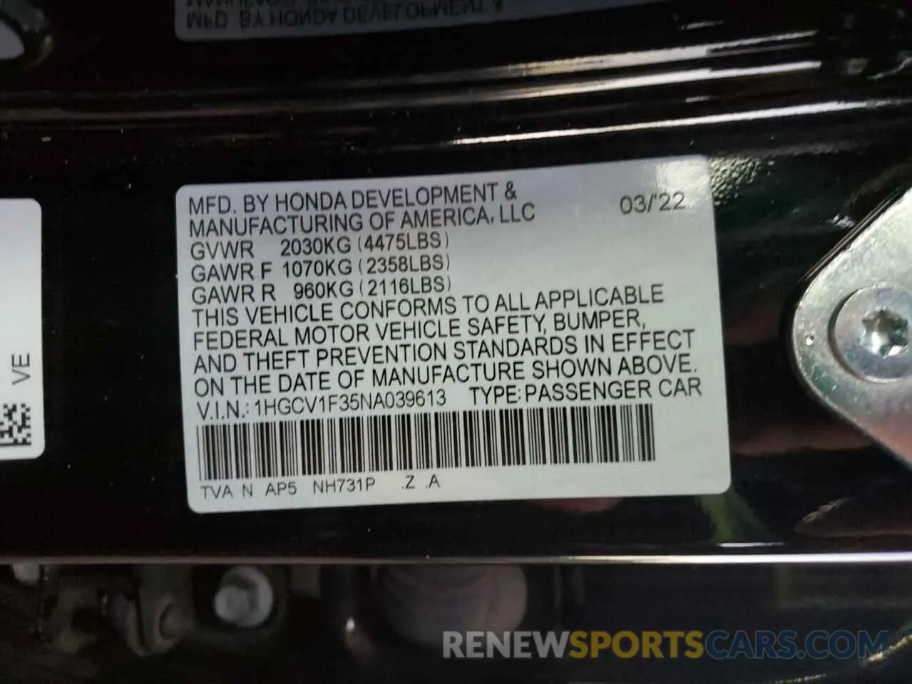14 Photograph of a damaged car 1HGCV1F35NA039613 HONDA ACCORD 2022