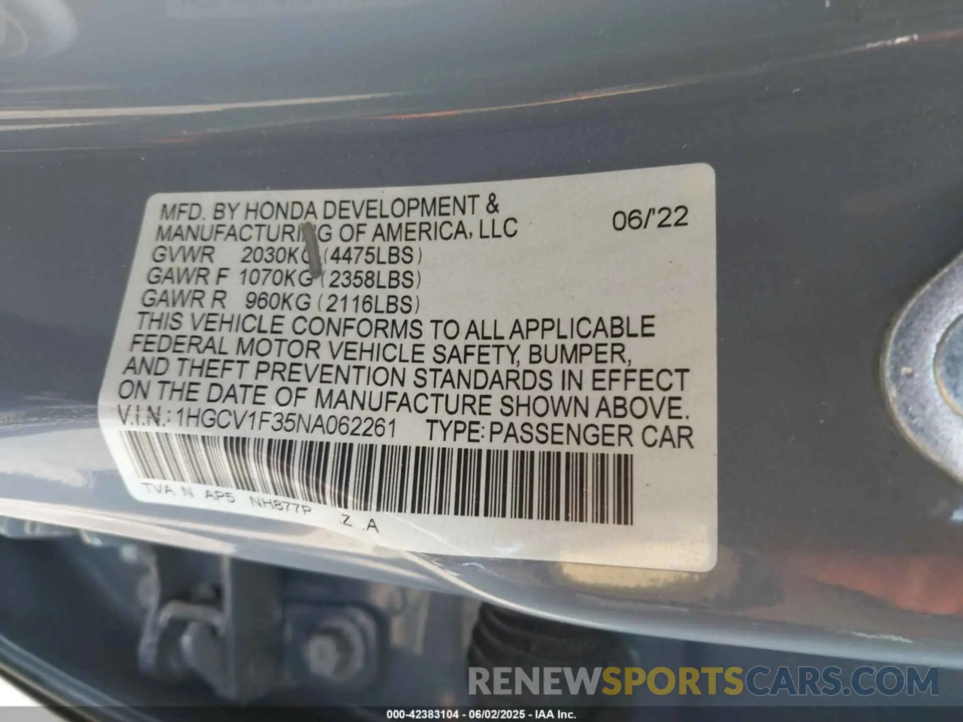 9 Photograph of a damaged car 1HGCV1F35NA062261 HONDA ACCORD 2022