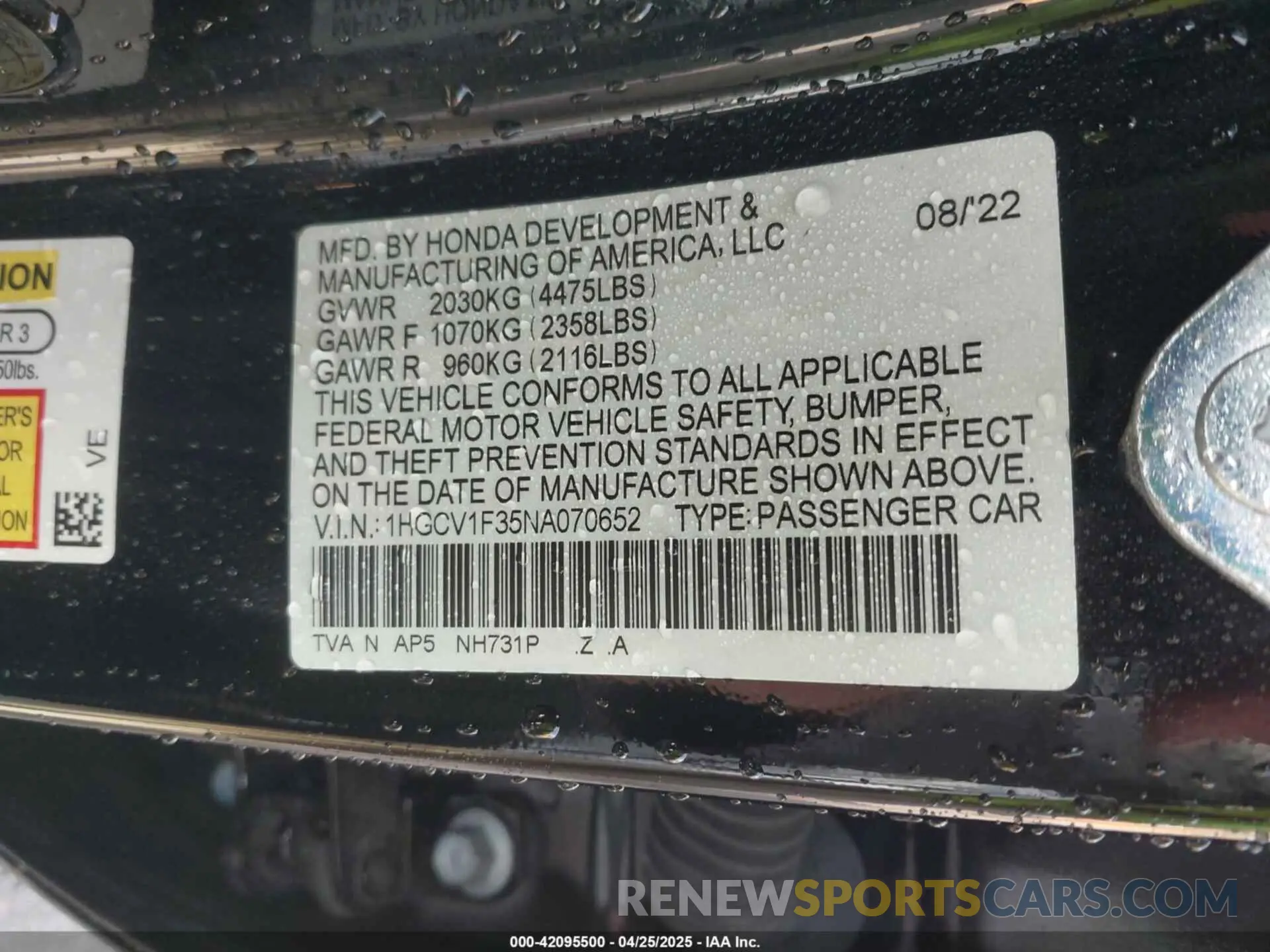 9 Photograph of a damaged car 1HGCV1F35NA070652 HONDA ACCORD 2022