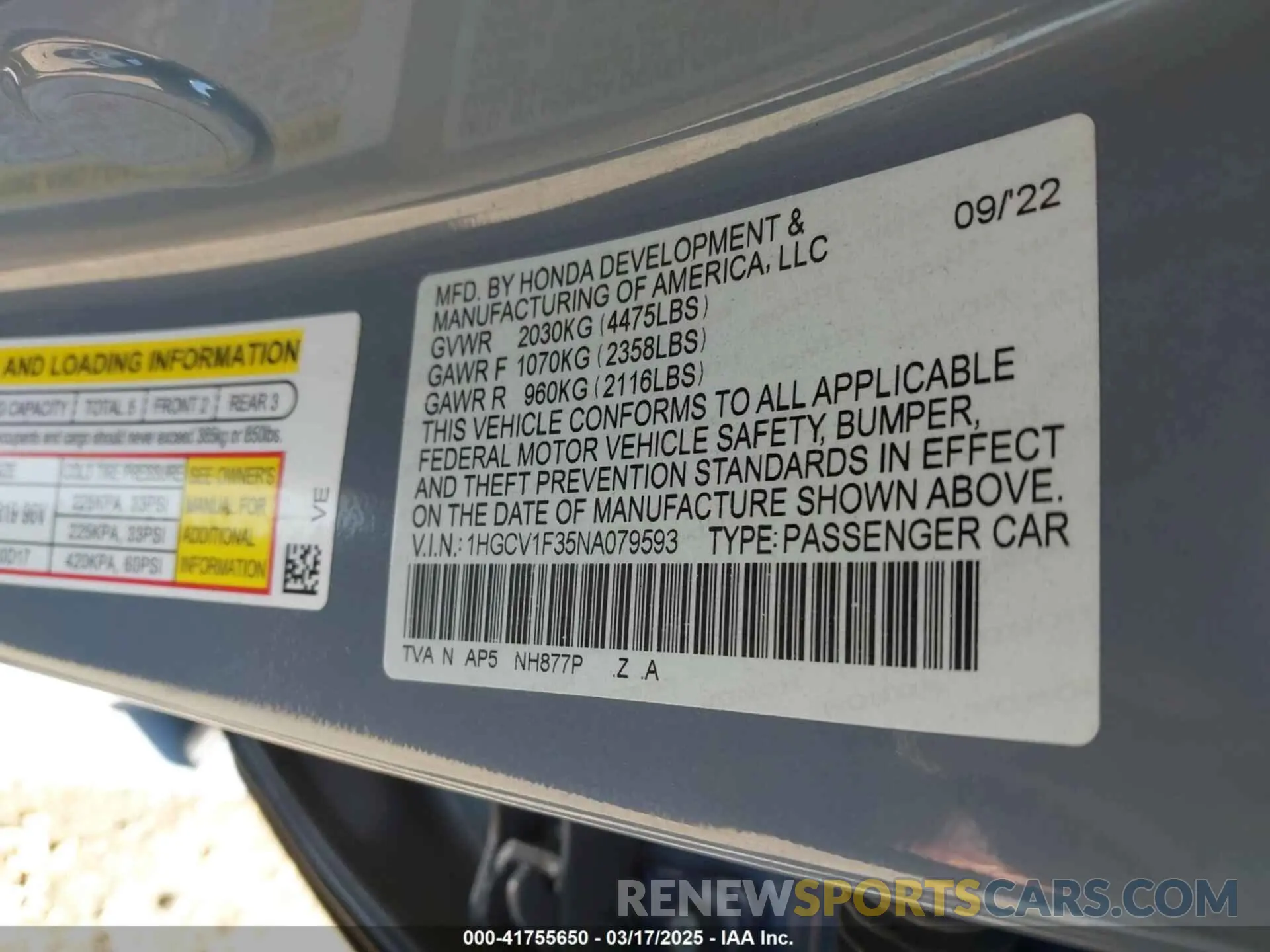 9 Photograph of a damaged car 1HGCV1F35NA079593 HONDA ACCORD 2022