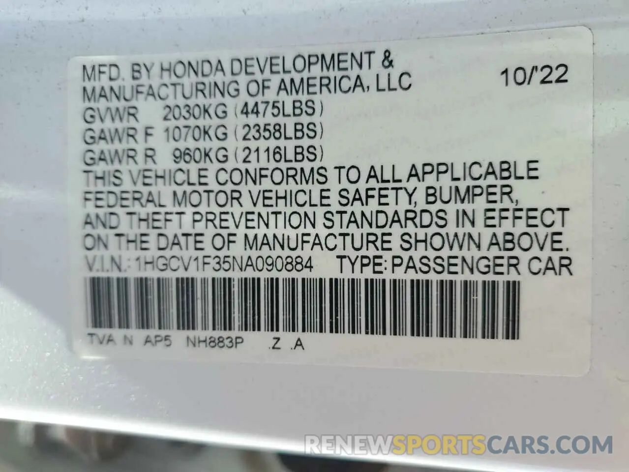 13 Photograph of a damaged car 1HGCV1F35NA090884 HONDA ACCORD 2022