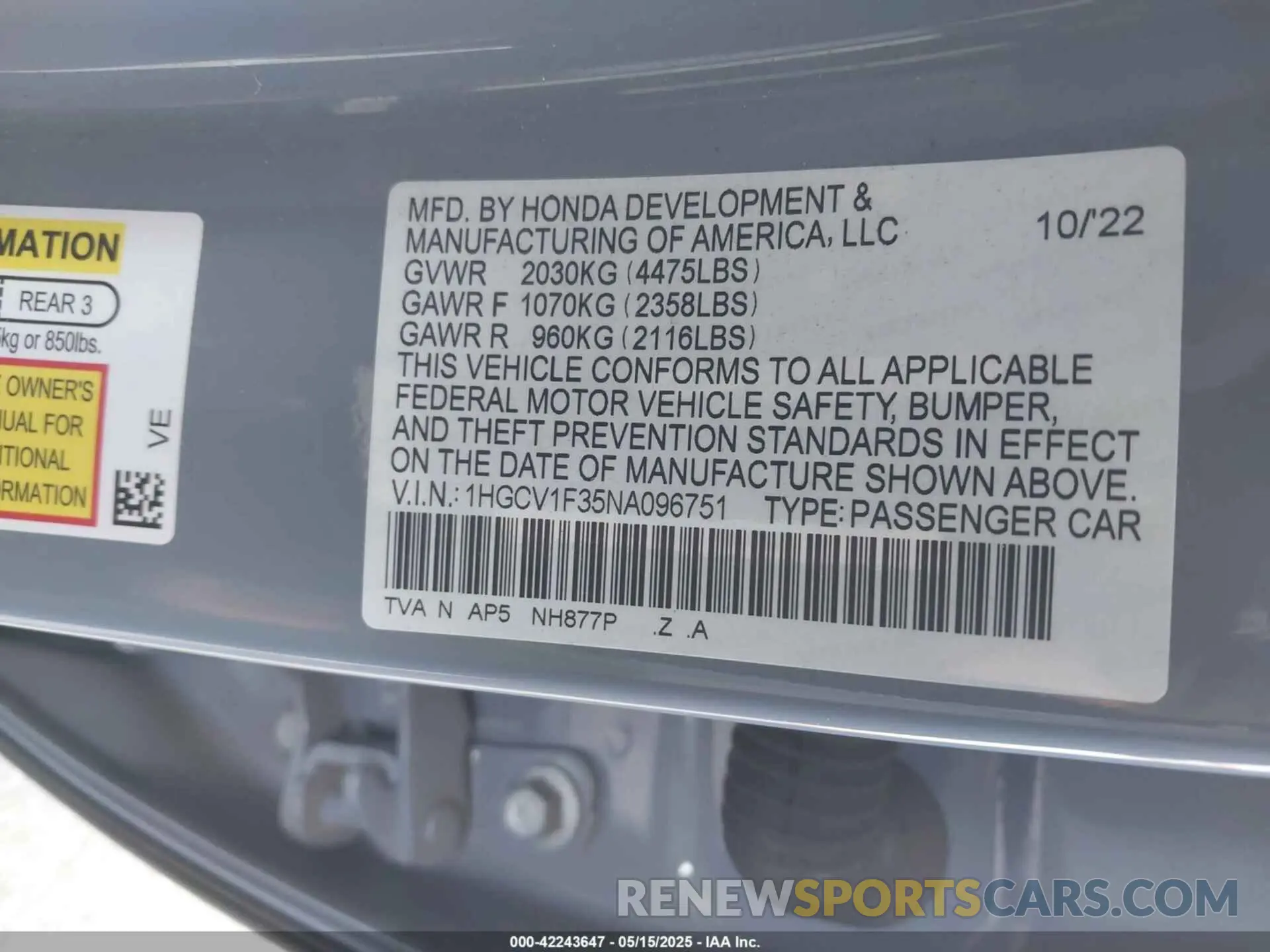 9 Photograph of a damaged car 1HGCV1F35NA096751 HONDA ACCORD 2022