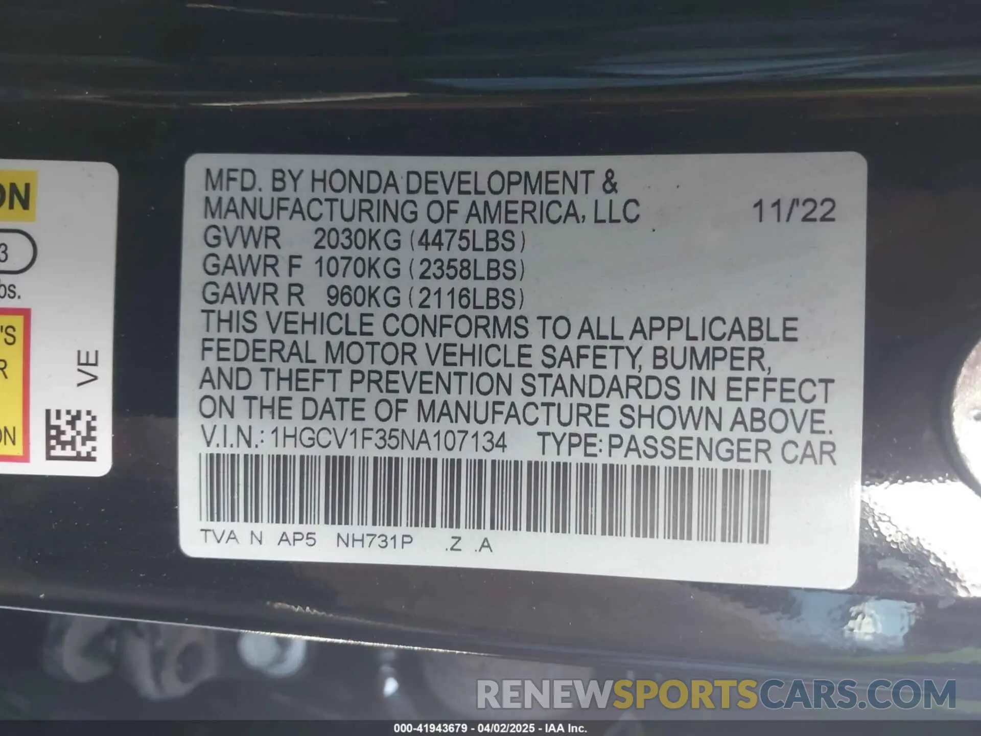 9 Photograph of a damaged car 1HGCV1F35NA107134 HONDA ACCORD 2022
