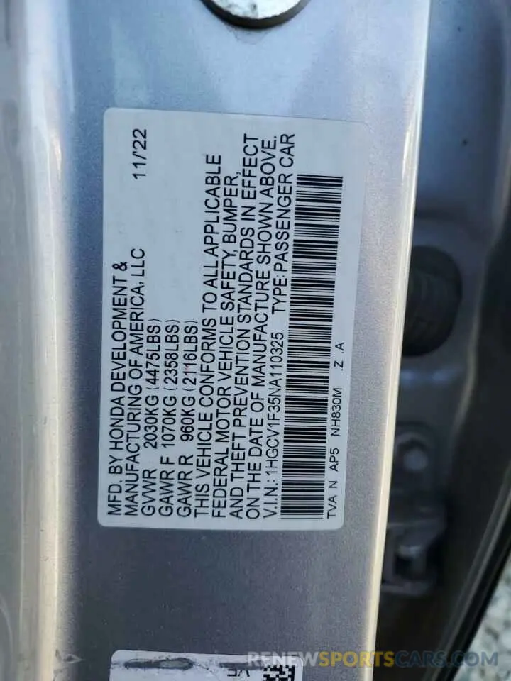 15 Photograph of a damaged car 1HGCV1F35NA110325 HONDA ACCORD 2022