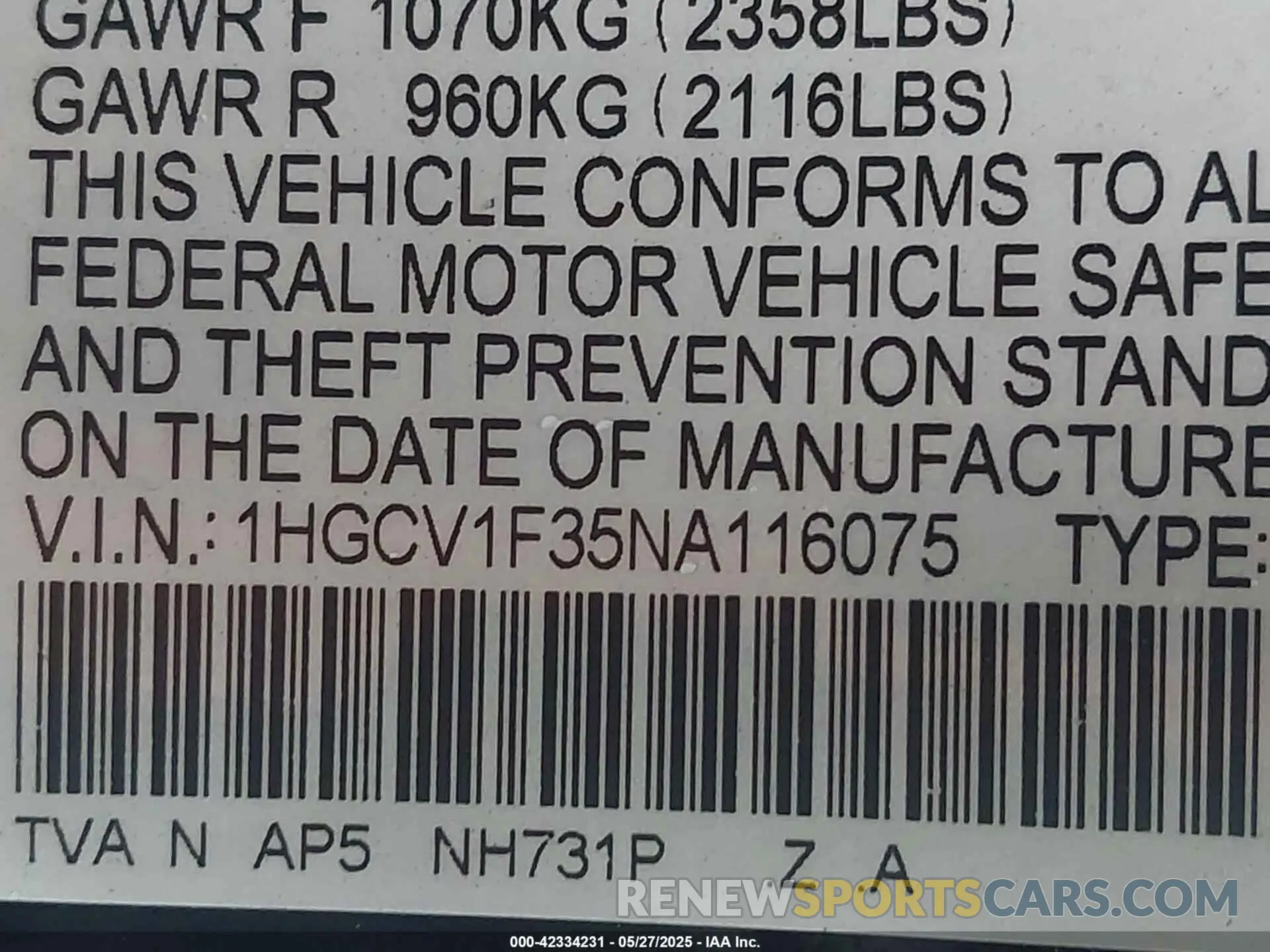 9 Photograph of a damaged car 1HGCV1F35NA116075 HONDA ACCORD 2022