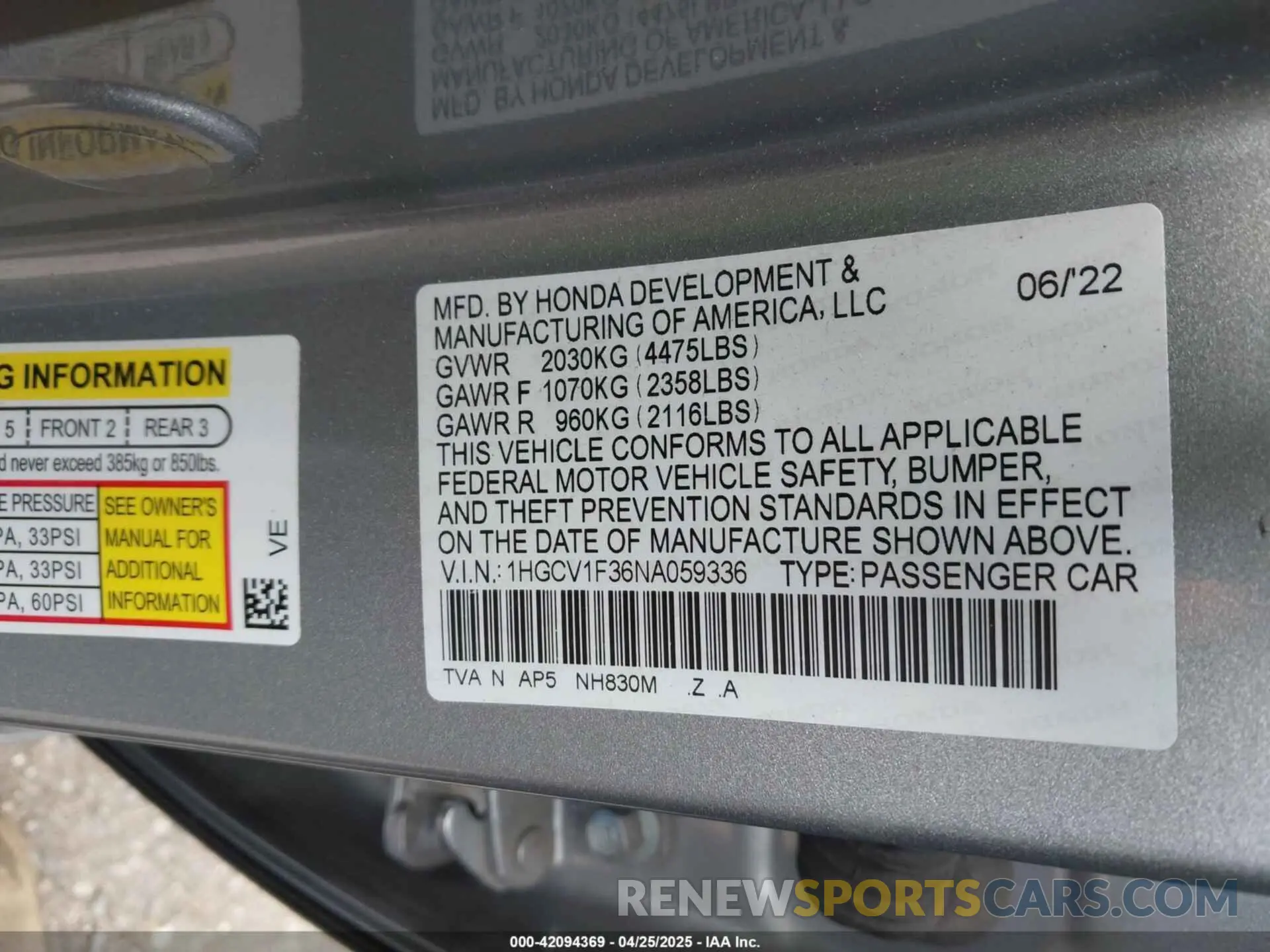 9 Photograph of a damaged car 1HGCV1F36NA059336 HONDA ACCORD 2022