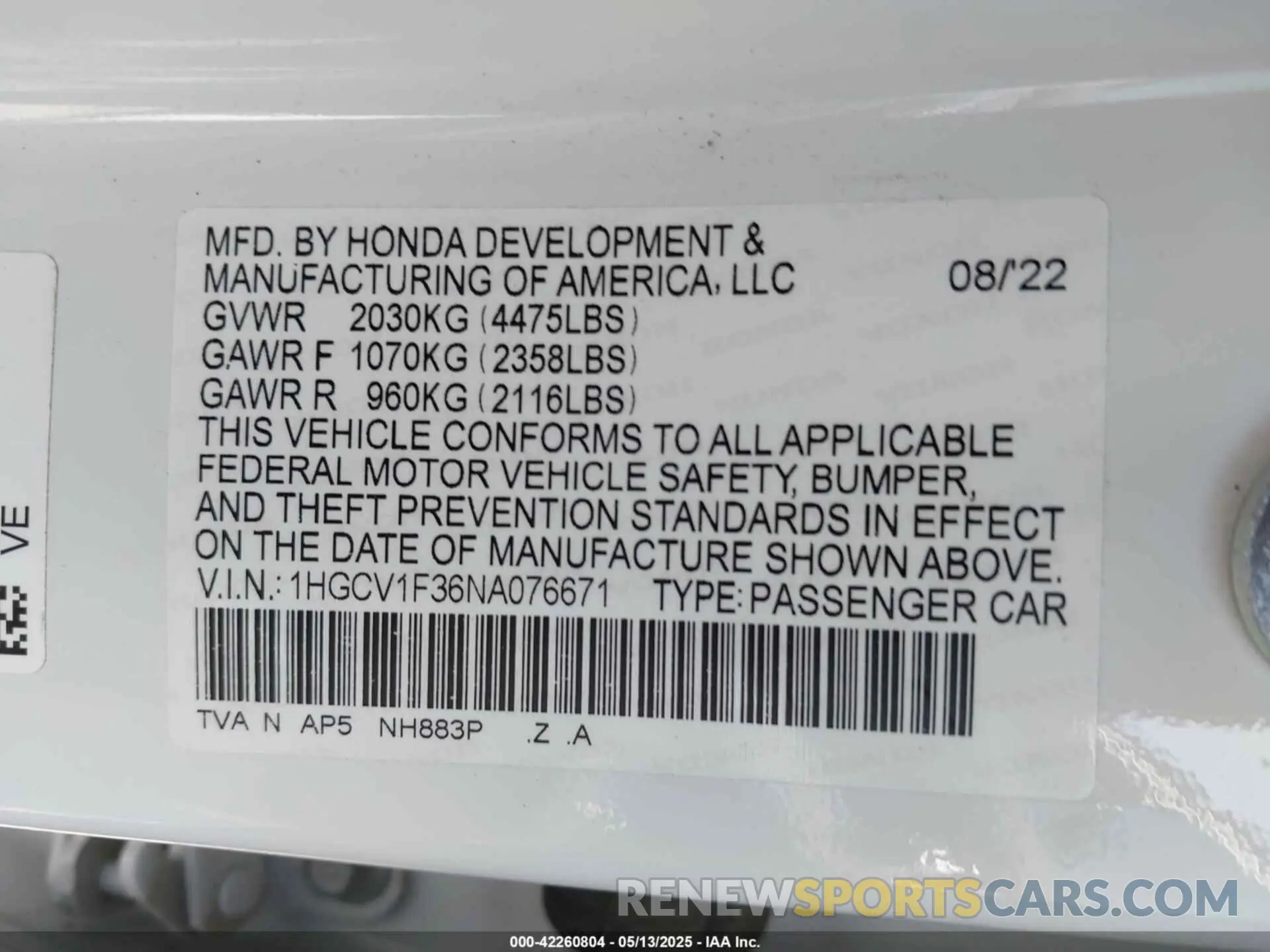 9 Photograph of a damaged car 1HGCV1F36NA076671 HONDA ACCORD 2022