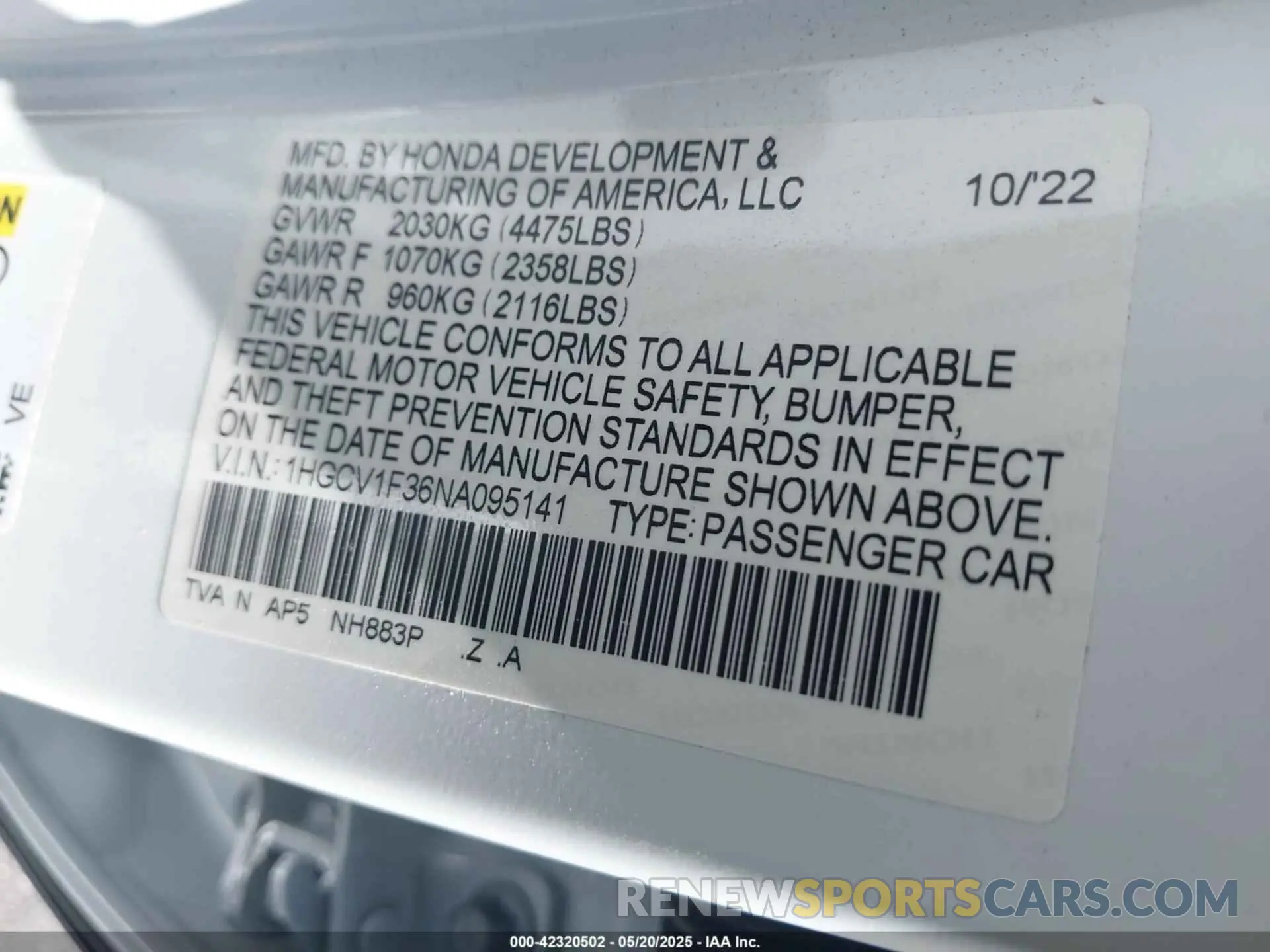 9 Photograph of a damaged car 1HGCV1F36NA095141 HONDA ACCORD 2022