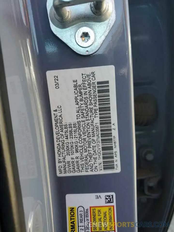 12 Photograph of a damaged car 1HGCV1F37NA035871 HONDA ACCORD 2022