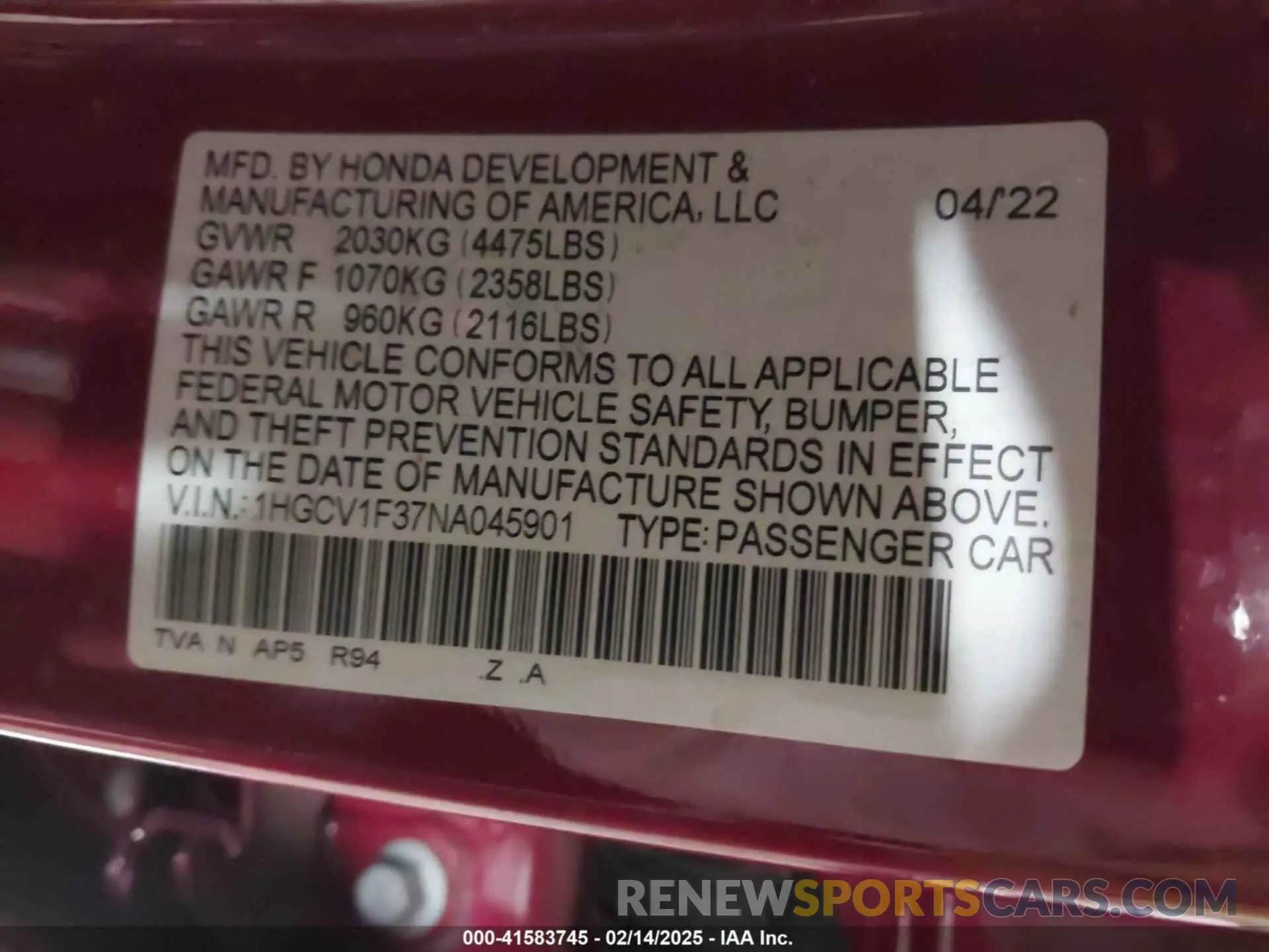 9 Photograph of a damaged car 1HGCV1F37NA045901 HONDA ACCORD 2022