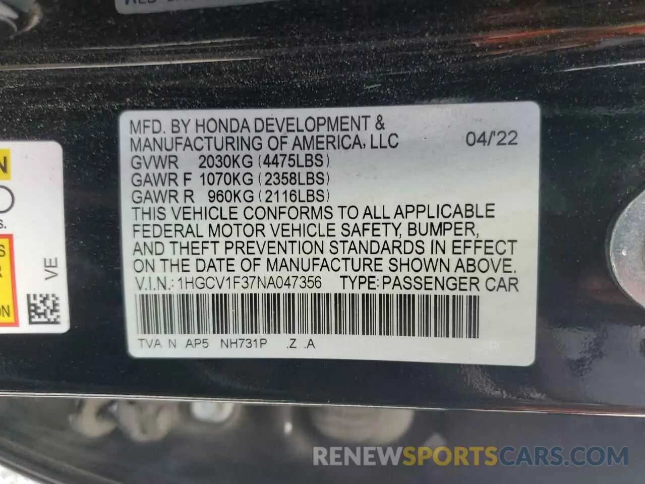 14 Photograph of a damaged car 1HGCV1F37NA047356 HONDA ACCORD 2022