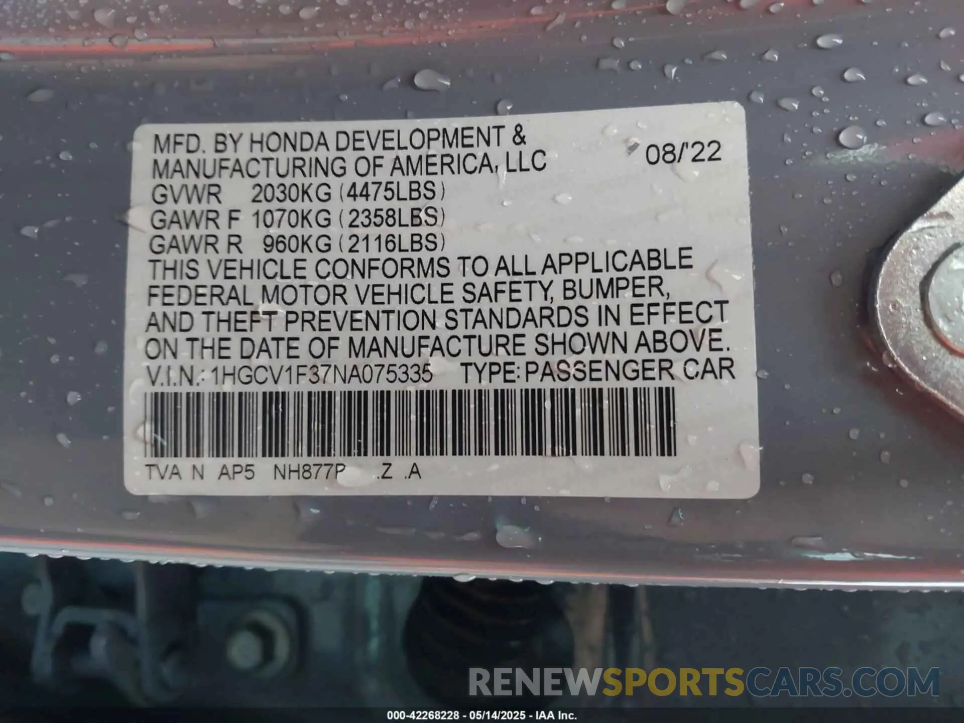 9 Photograph of a damaged car 1HGCV1F37NA075335 HONDA ACCORD 2022