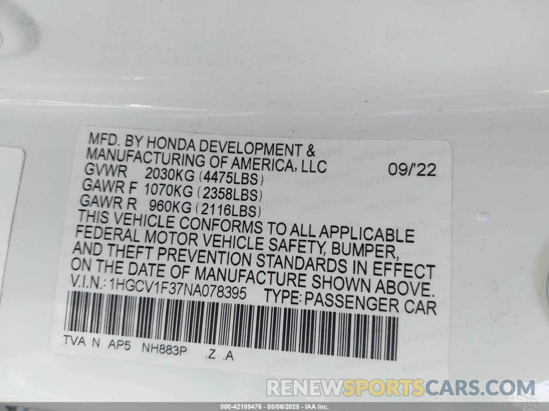9 Photograph of a damaged car 1HGCV1F37NA078395 HONDA ACCORD 2022