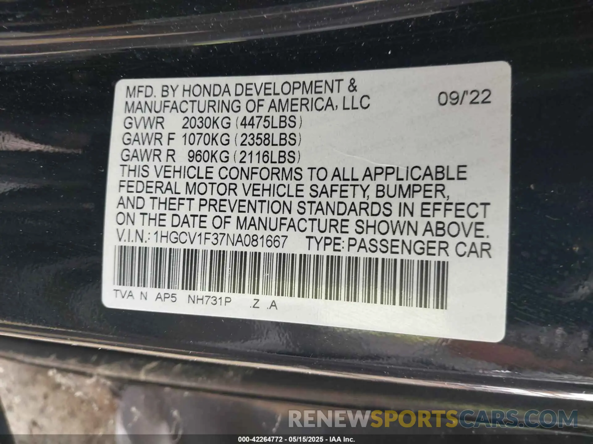9 Photograph of a damaged car 1HGCV1F37NA081667 HONDA ACCORD 2022