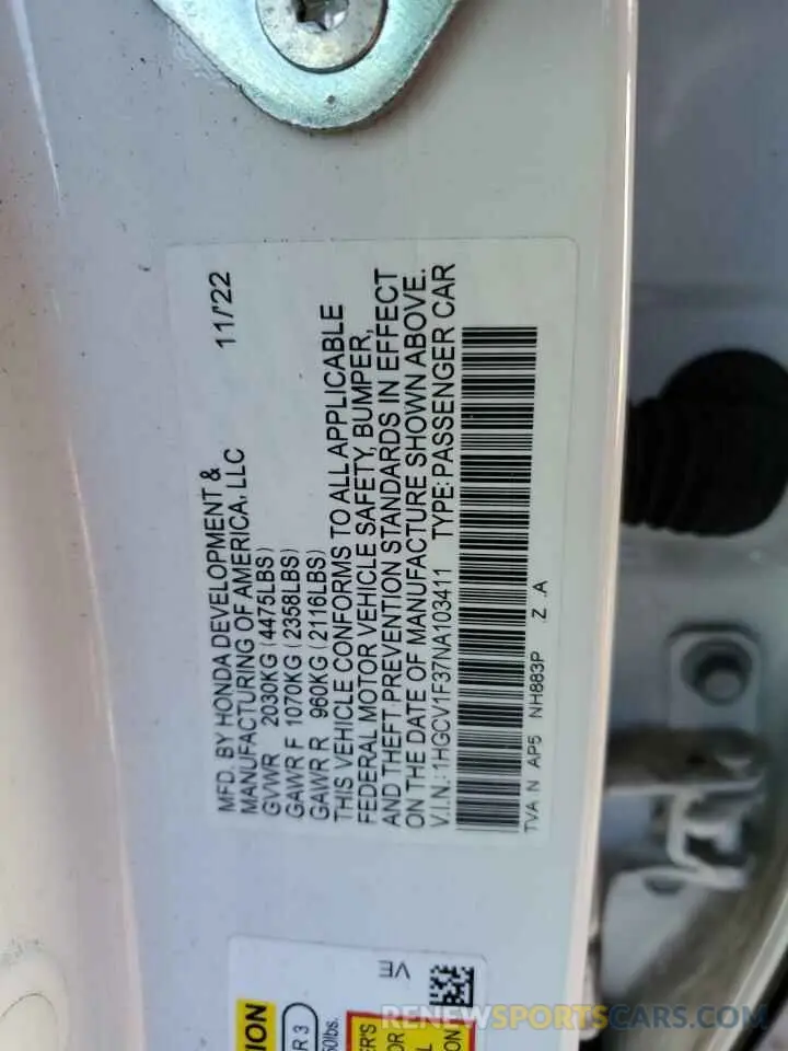 12 Photograph of a damaged car 1HGCV1F37NA103411 HONDA ACCORD 2022