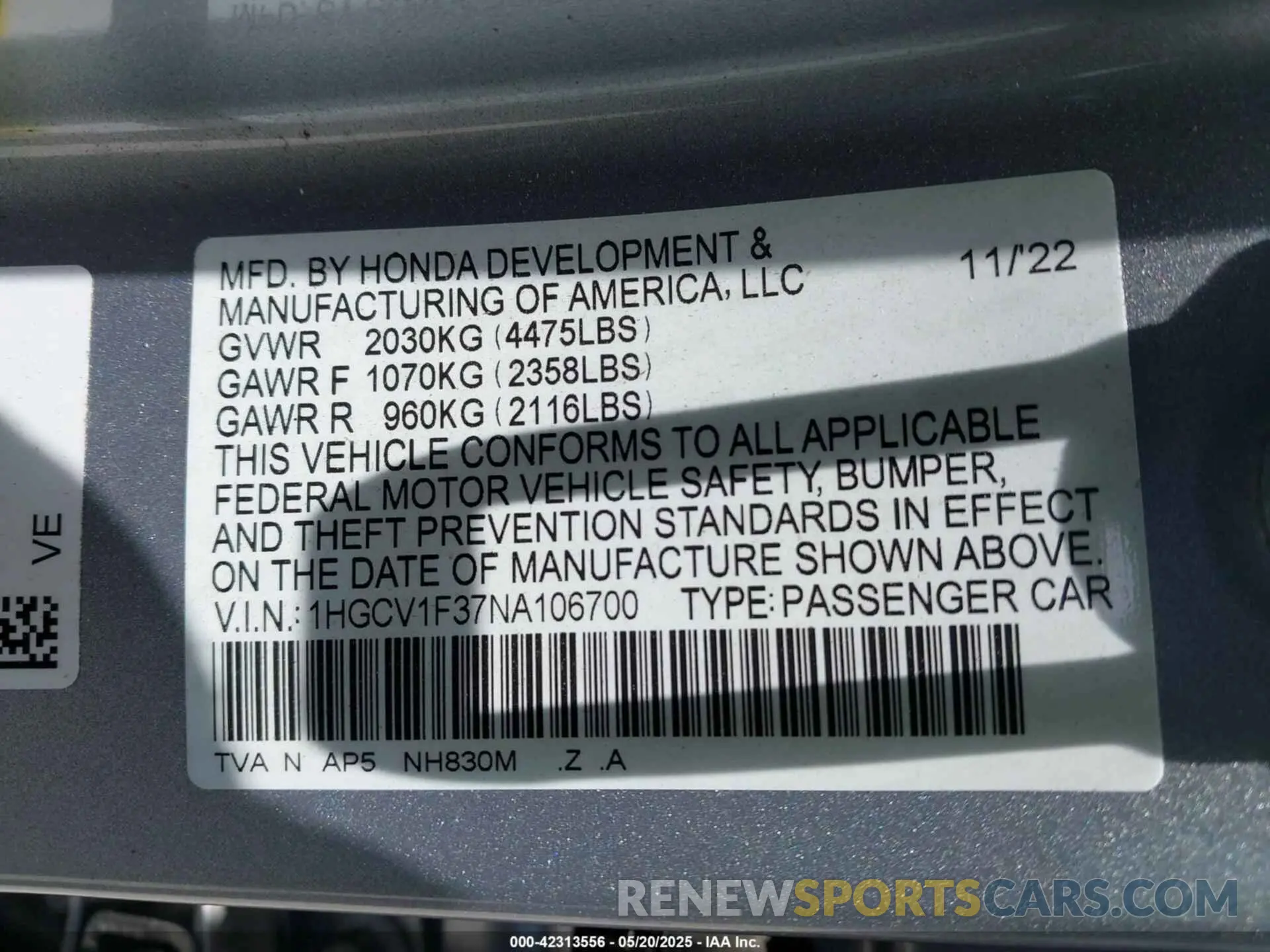 9 Photograph of a damaged car 1HGCV1F37NA106700 HONDA ACCORD 2022