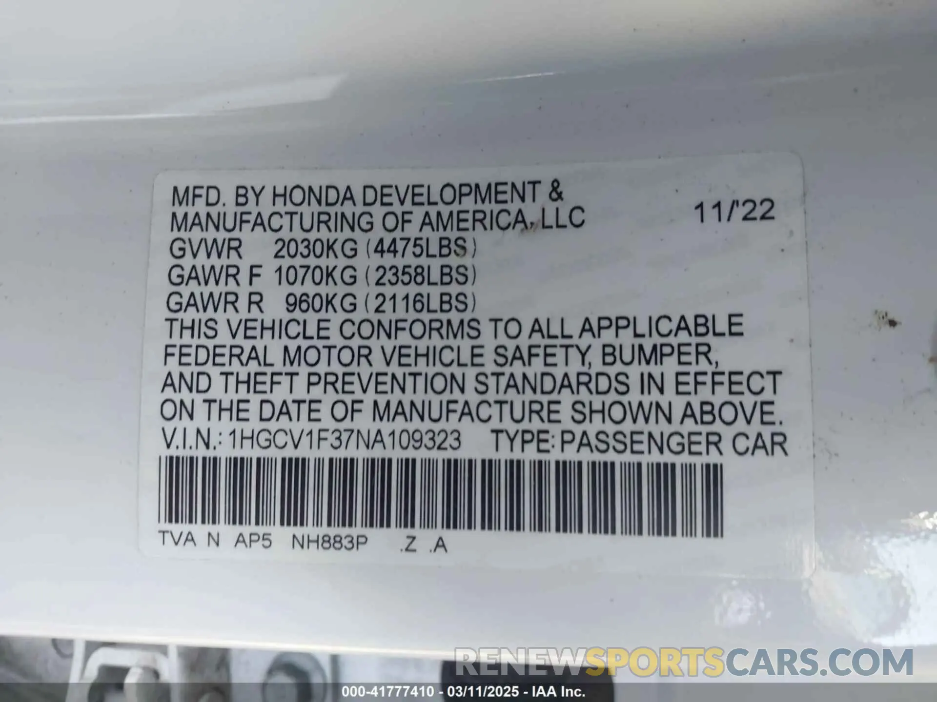 9 Photograph of a damaged car 1HGCV1F37NA109323 HONDA ACCORD 2022