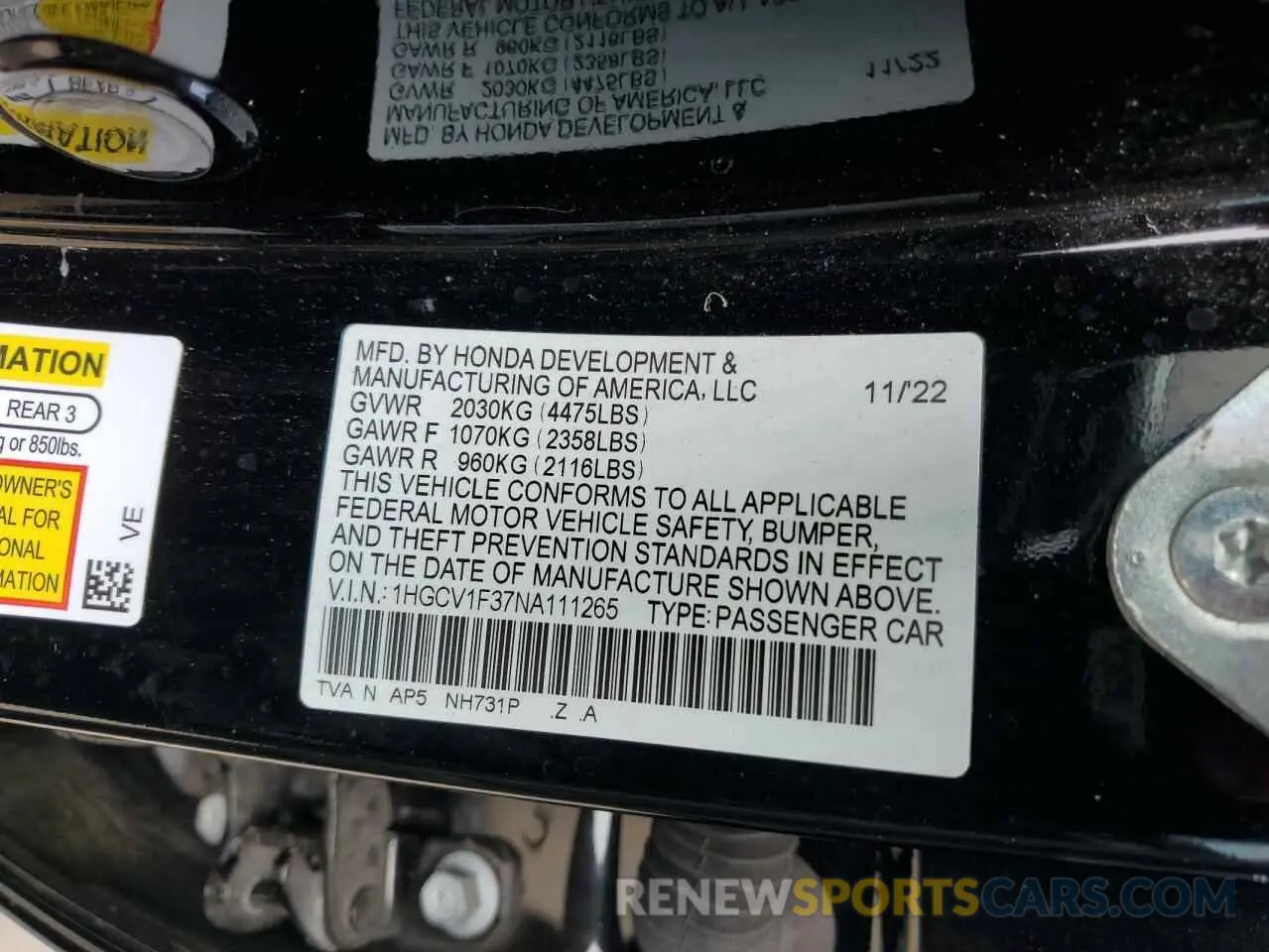 12 Photograph of a damaged car 1HGCV1F37NA111265 HONDA ACCORD 2022