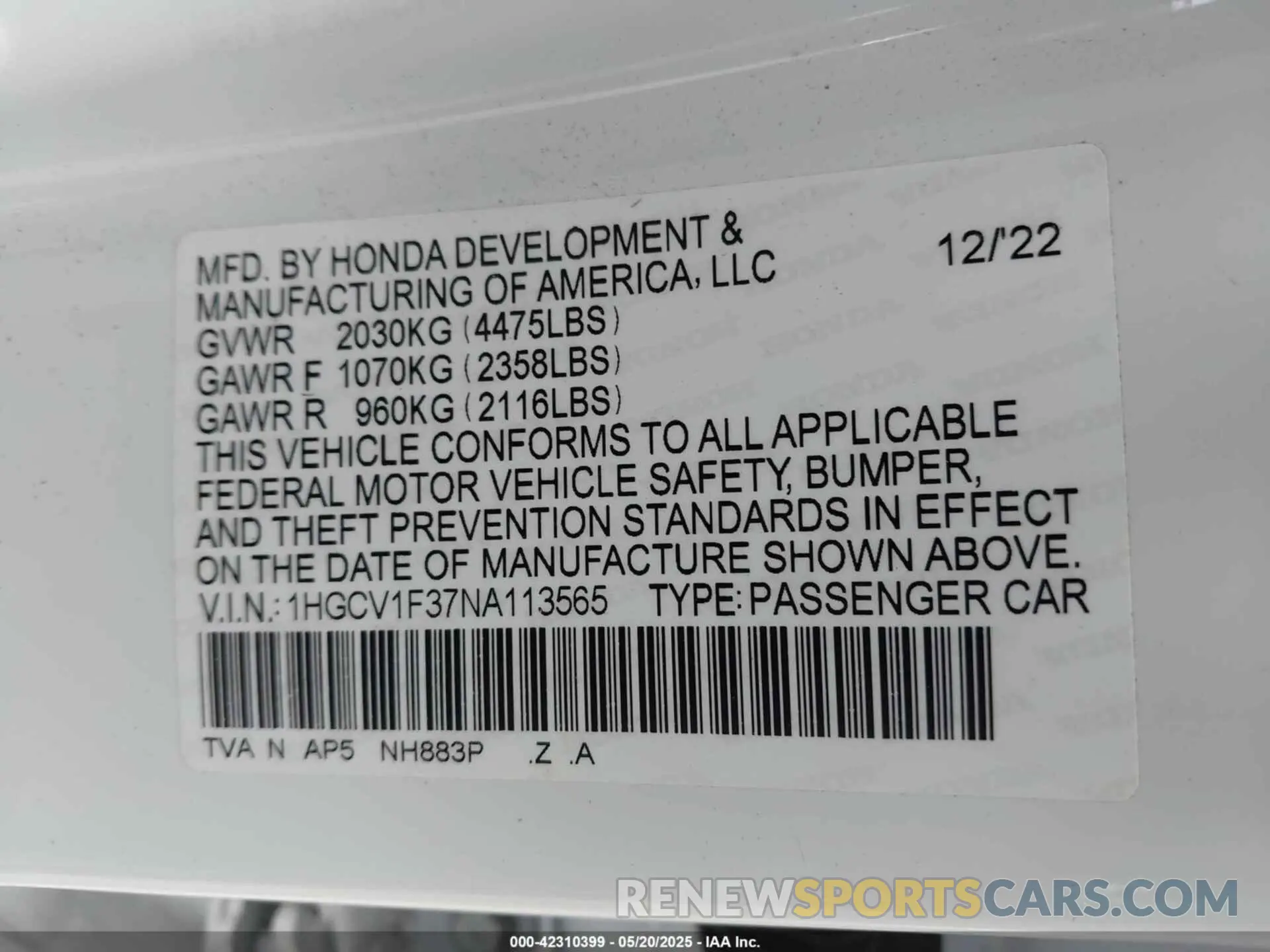 9 Photograph of a damaged car 1HGCV1F37NA113565 HONDA ACCORD 2022