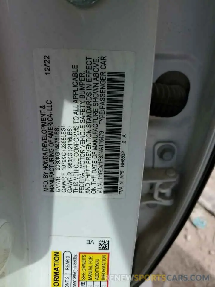 15 Photograph of a damaged car 1HGCV1F37NA116479 HONDA ACCORD 2022
