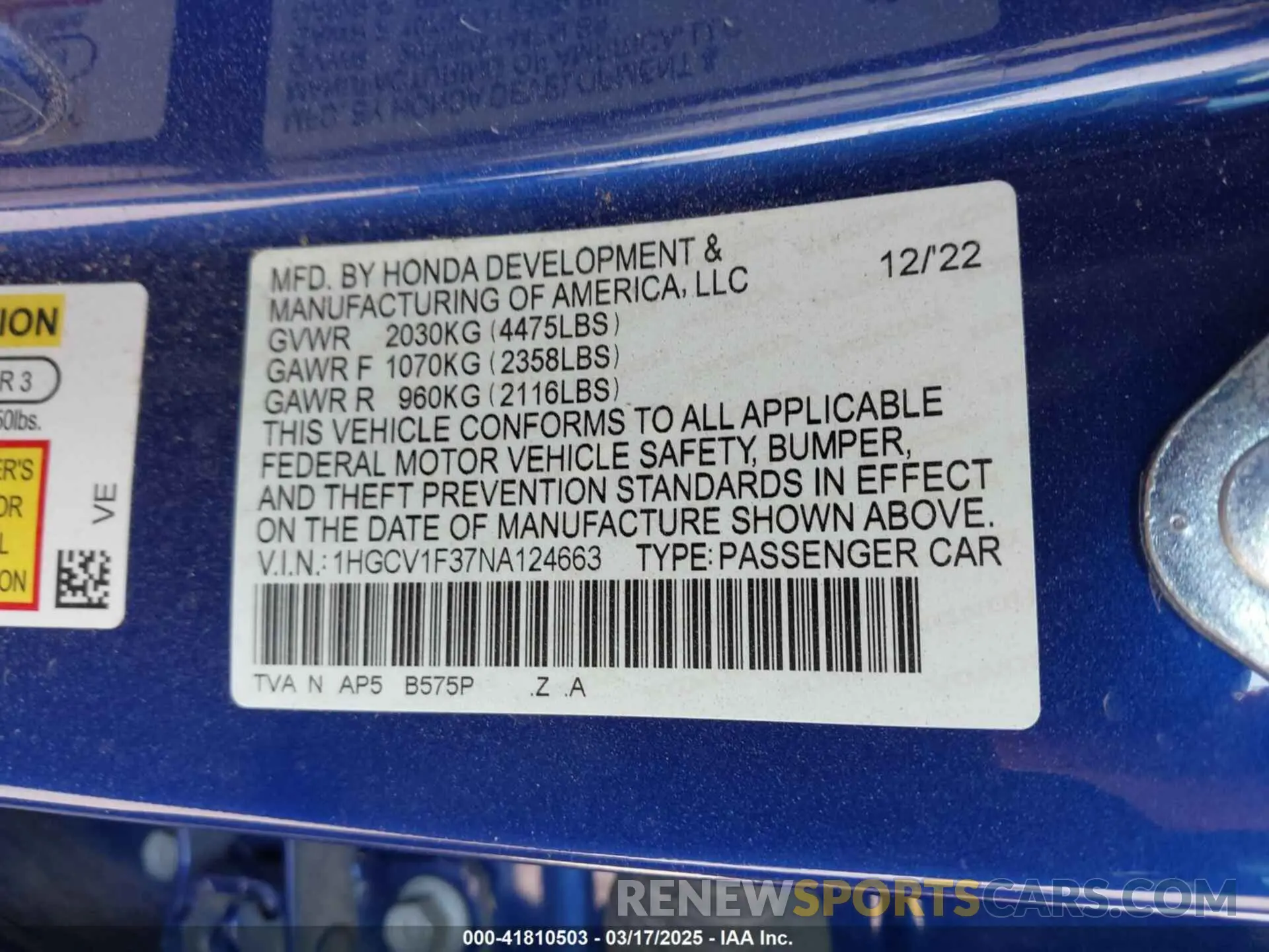 9 Photograph of a damaged car 1HGCV1F37NA124663 HONDA ACCORD 2022