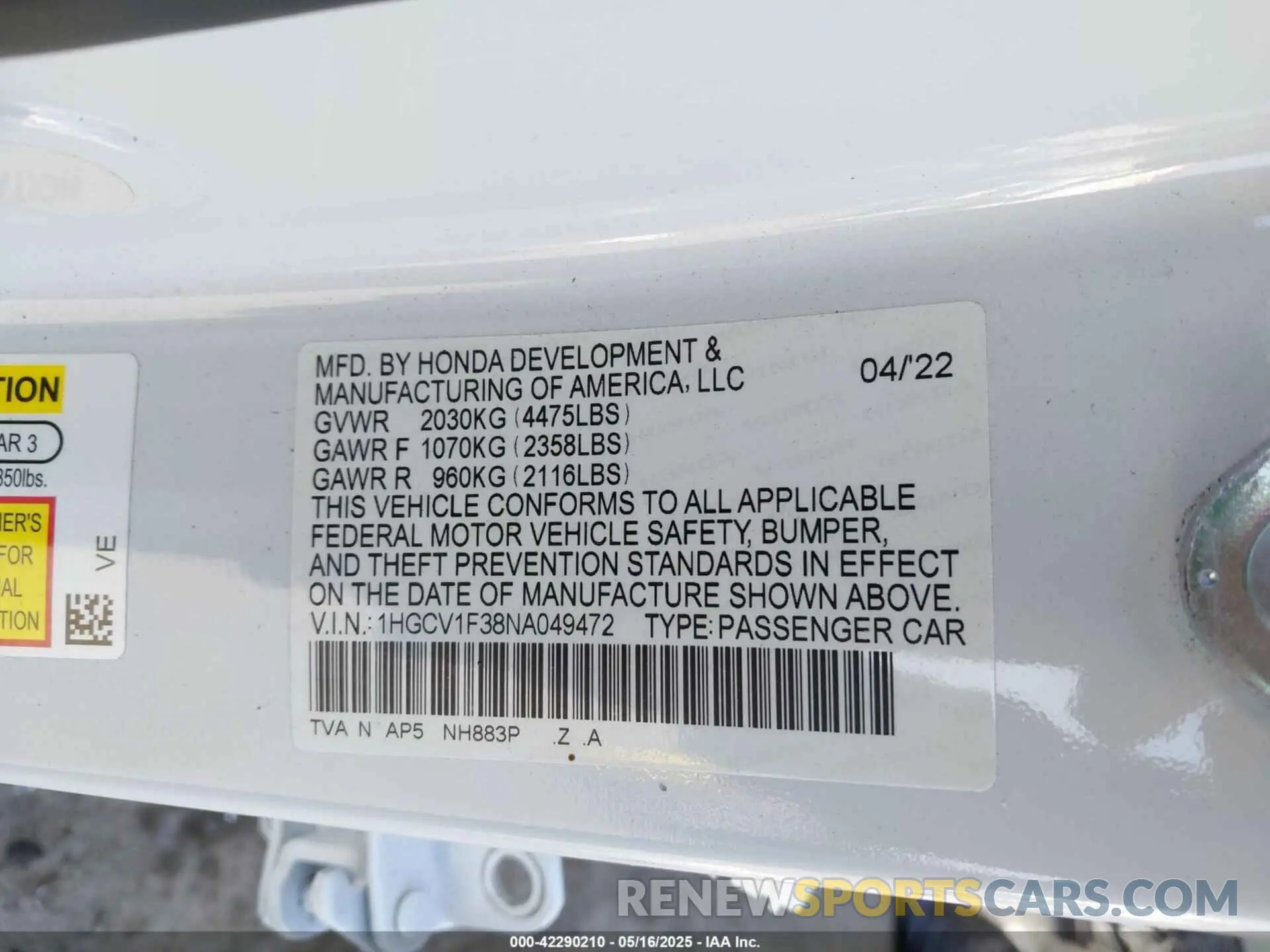 9 Photograph of a damaged car 1HGCV1F38NA049472 HONDA ACCORD 2022