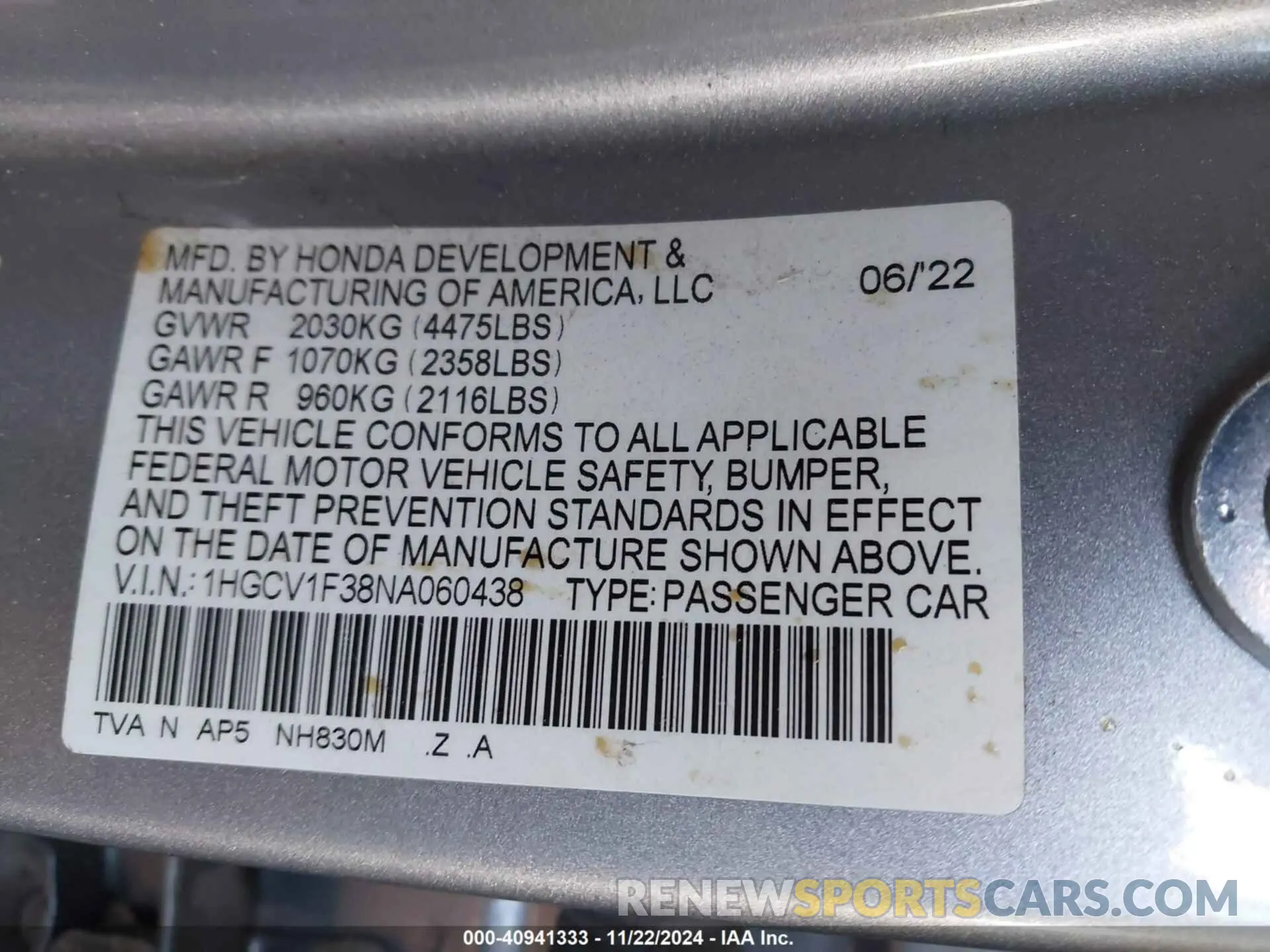 9 Photograph of a damaged car 1HGCV1F38NA060438 HONDA ACCORD 2022