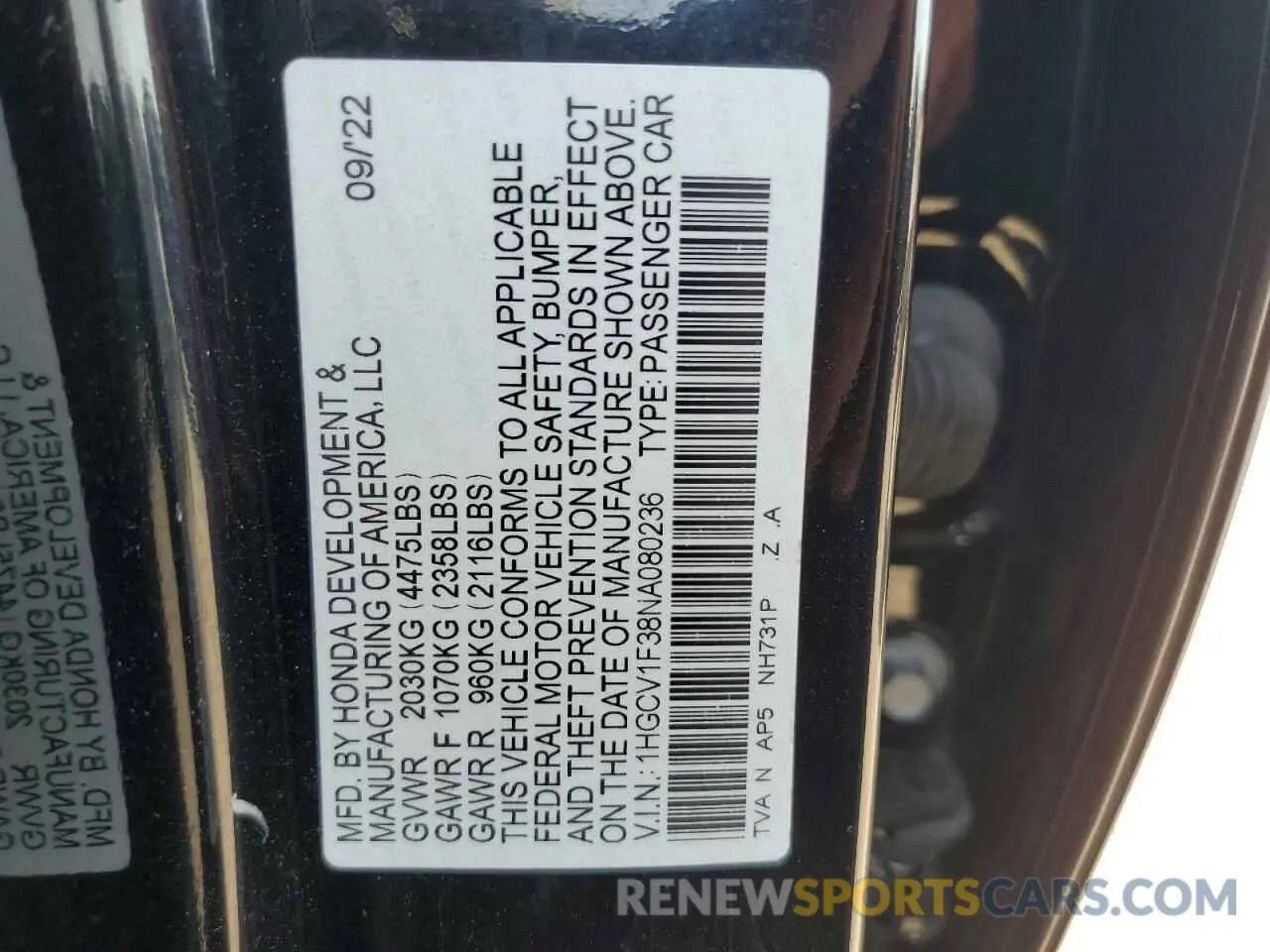 14 Photograph of a damaged car 1HGCV1F38NA080236 HONDA ACCORD 2022